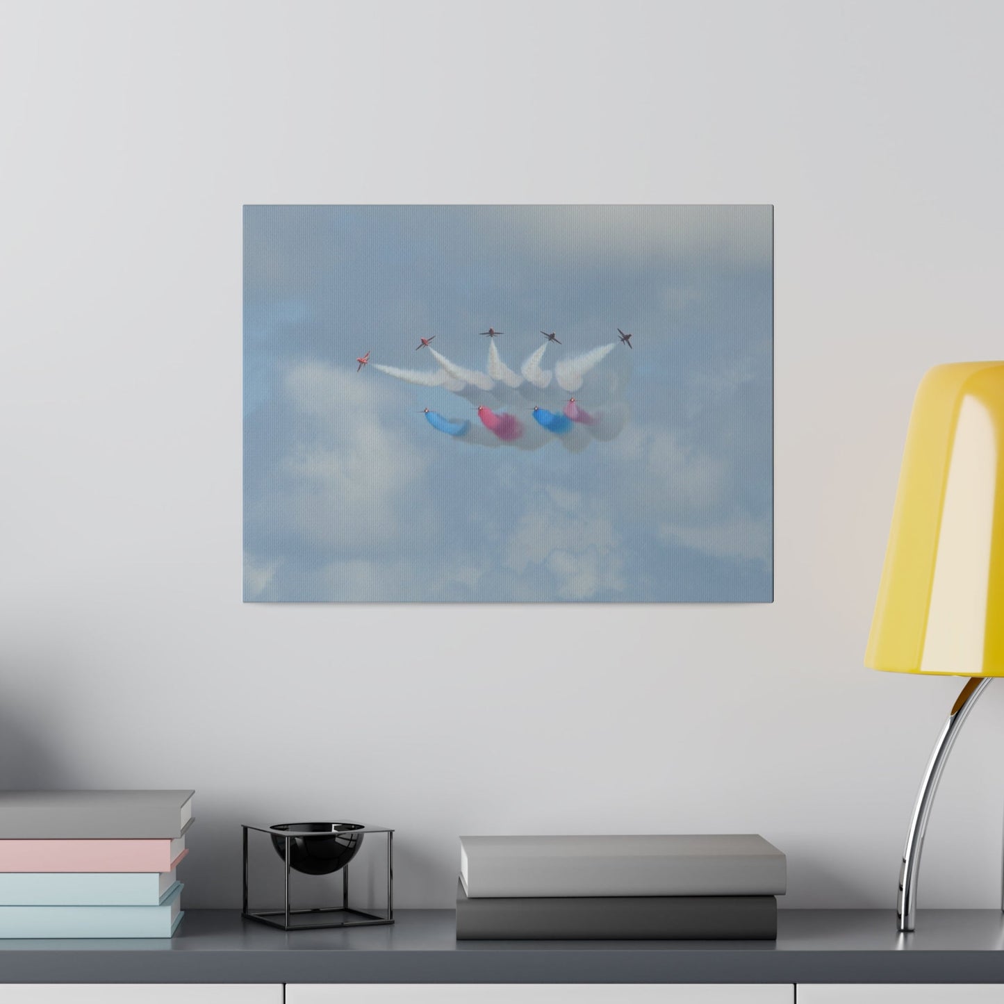 The Red Arrows Flying Straight With White, Red And Blue Smoke About To Breaking Formation In Progress, Matte Canvas, Stretched, 0.75" - The Trio Synergize Group