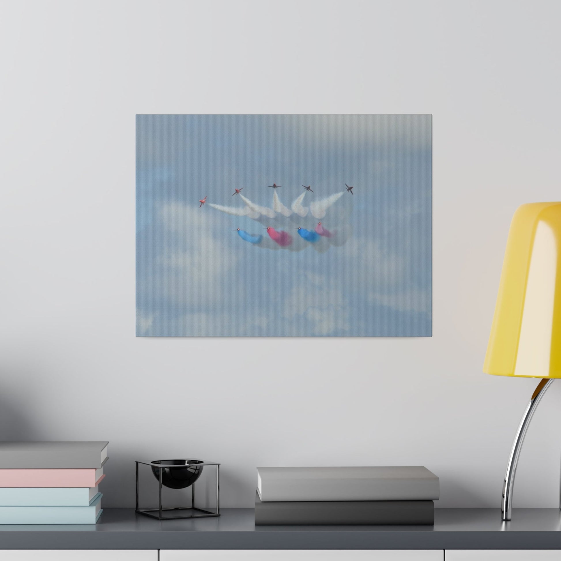 The Red Arrows Flying Straight With White, Red And Blue Smoke About To Breaking Formation In Progress, Matte Canvas, Stretched, 0.75" - The Trio Synergize Group