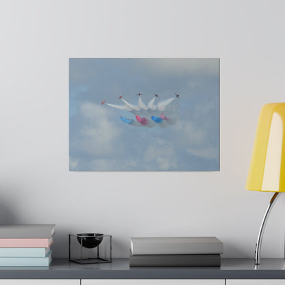 The Red Arrows Flying Straight With White, Red And Blue Smoke About To Breaking Formation In Progress, Matte Canvas, Stretched, 0.75" - The Trio Synergize Group