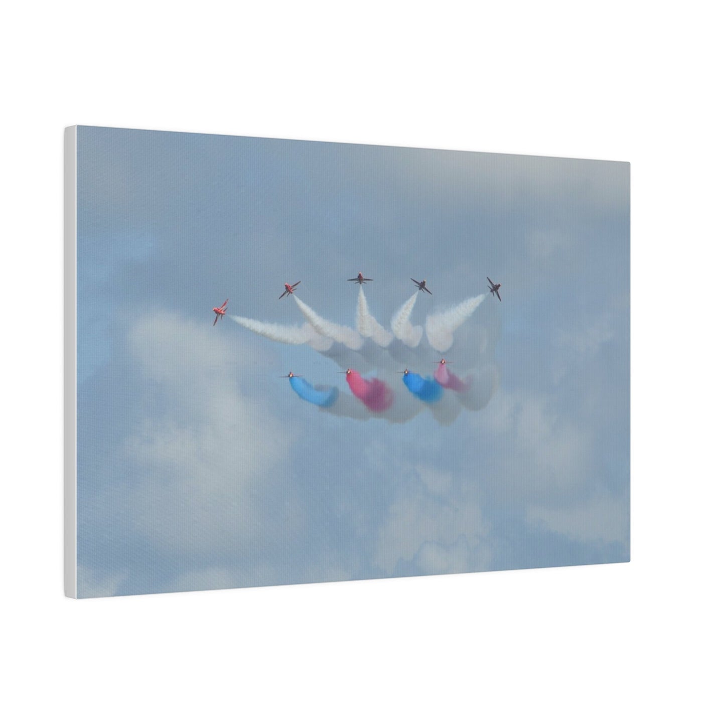 The Red Arrows Flying Straight With White, Red And Blue Smoke About To Breaking Formation In Progress, Matte Canvas, Stretched, 0.75" - The Trio Synergize Group