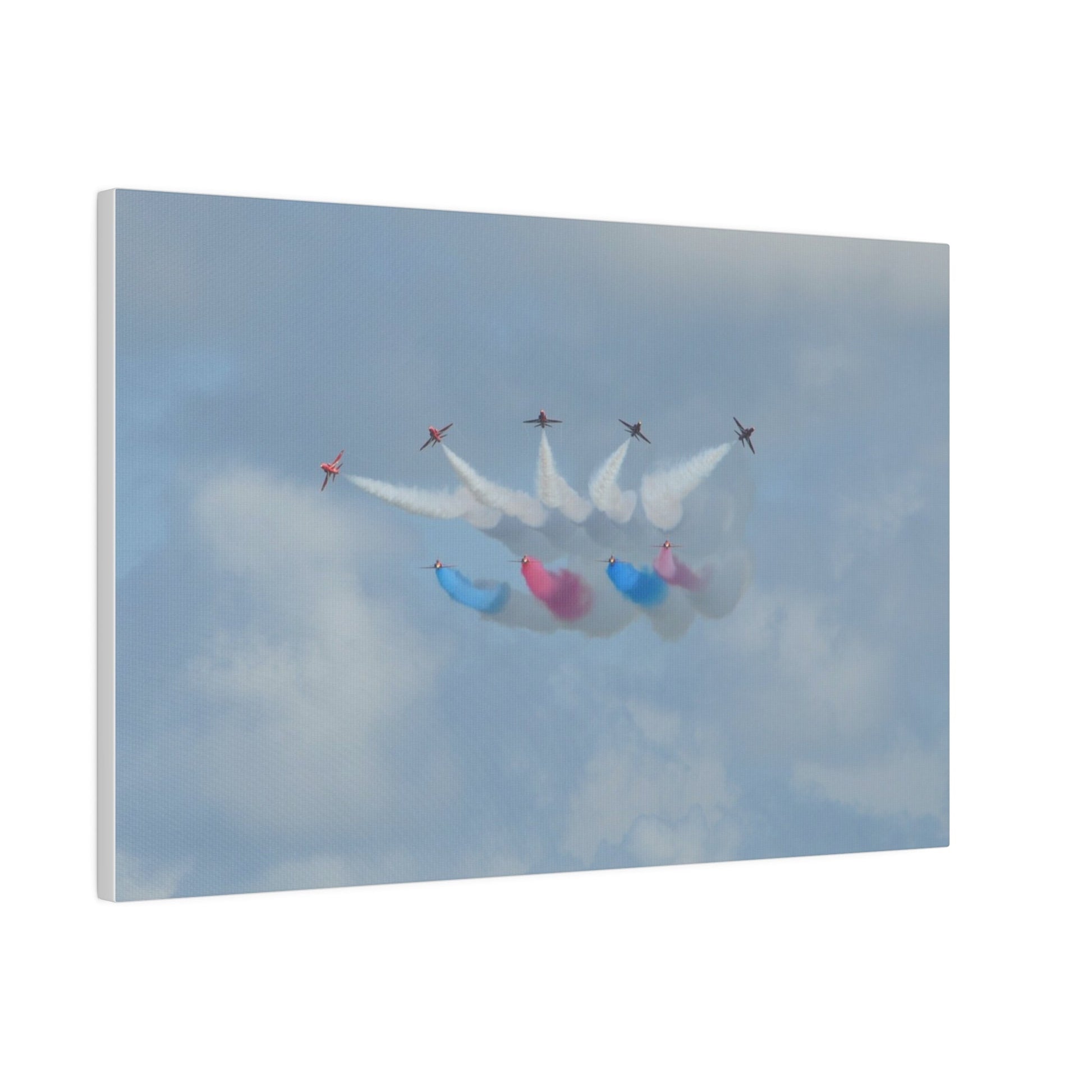The Red Arrows Flying Straight With White, Red And Blue Smoke About To Breaking Formation In Progress, Matte Canvas, Stretched, 0.75" - The Trio Synergize Group