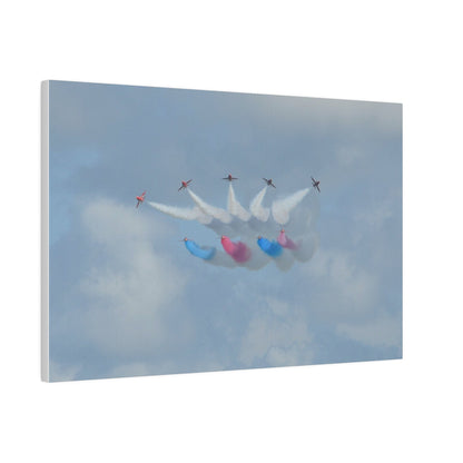 The Red Arrows Flying Straight With White, Red And Blue Smoke About To Breaking Formation In Progress, Matte Canvas, Stretched, 0.75" - The Trio Synergize Group