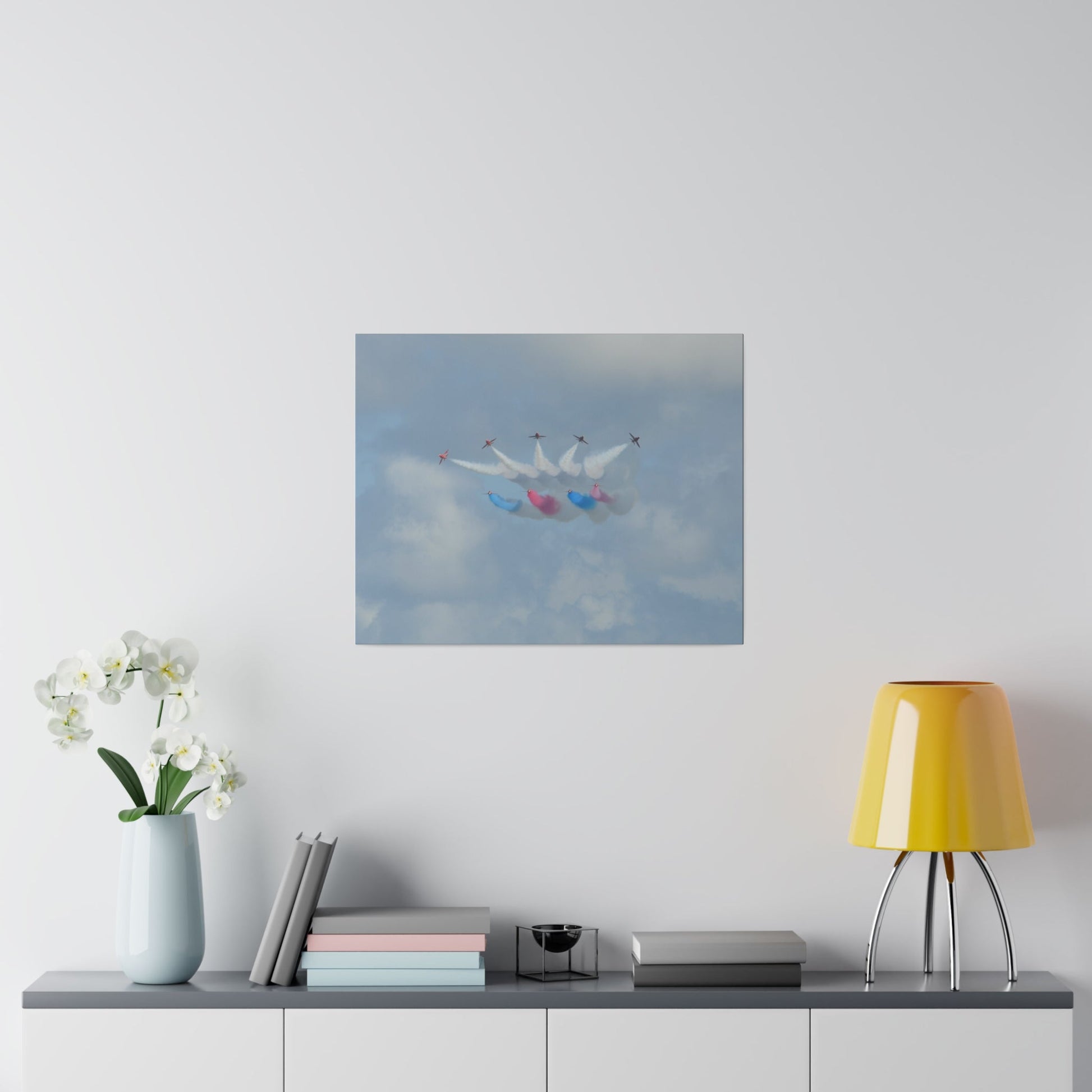 The Red Arrows Flying Straight With White, Red And Blue Smoke About To Breaking Formation In Progress, Matte Canvas, Stretched, 0.75" - The Trio Synergize Group