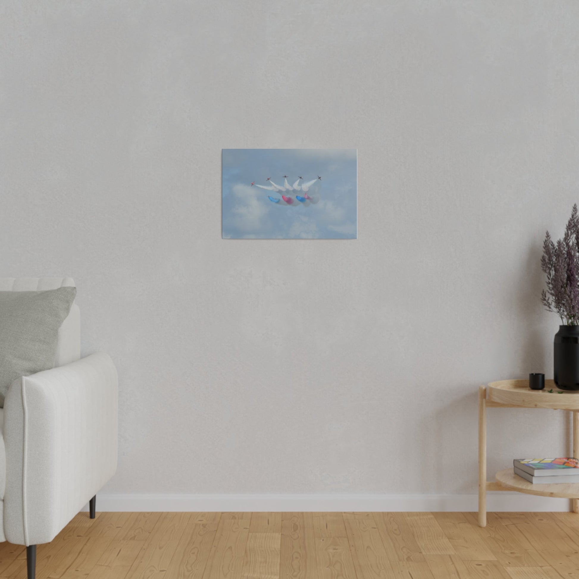 The Red Arrows Flying Straight With White, Red And Blue Smoke About To Breaking Formation In Progress, Matte Canvas, Stretched, 0.75" - The Trio Synergize Group