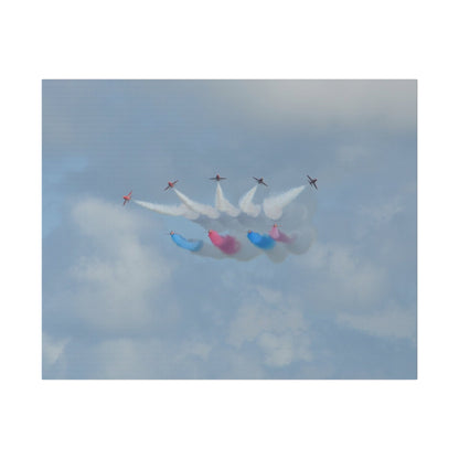 The Red Arrows Flying Straight With White, Red And Blue Smoke About To Breaking Formation In Progress, Matte Canvas, Stretched, 0.75" - The Trio Synergize Group
