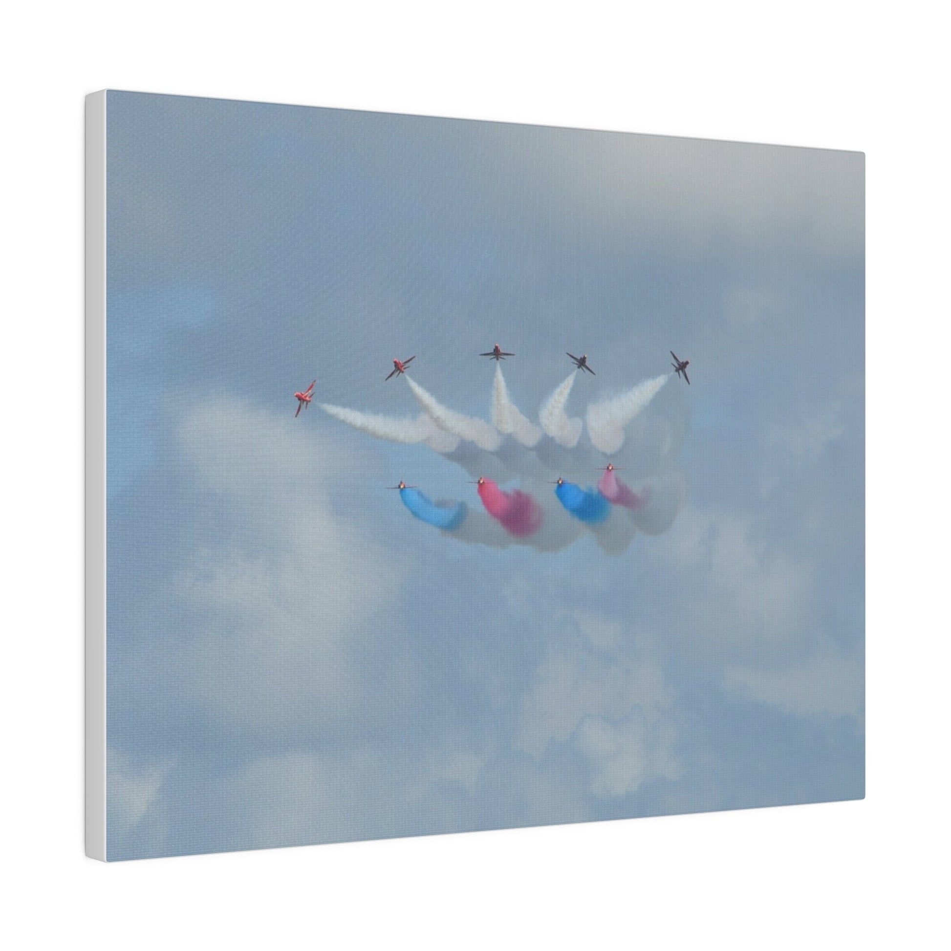 The Red Arrows Flying Straight With White, Red And Blue Smoke About To Breaking Formation In Progress, Matte Canvas, Stretched, 0.75" - The Trio Synergize Group