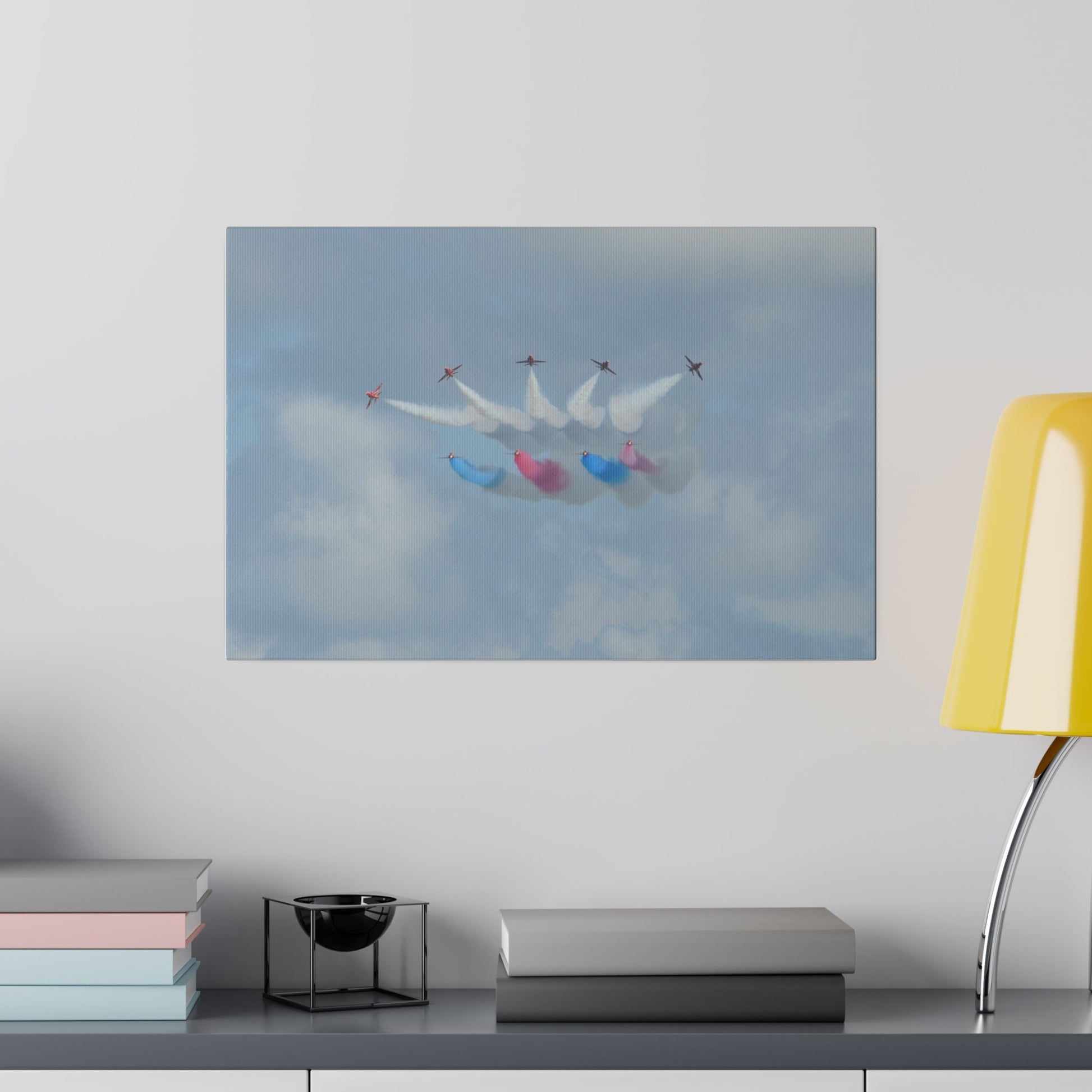 The Red Arrows Flying Straight With White, Red And Blue Smoke About To Breaking Formation In Progress, Matte Canvas, Stretched, 0.75" - The Trio Synergize Group