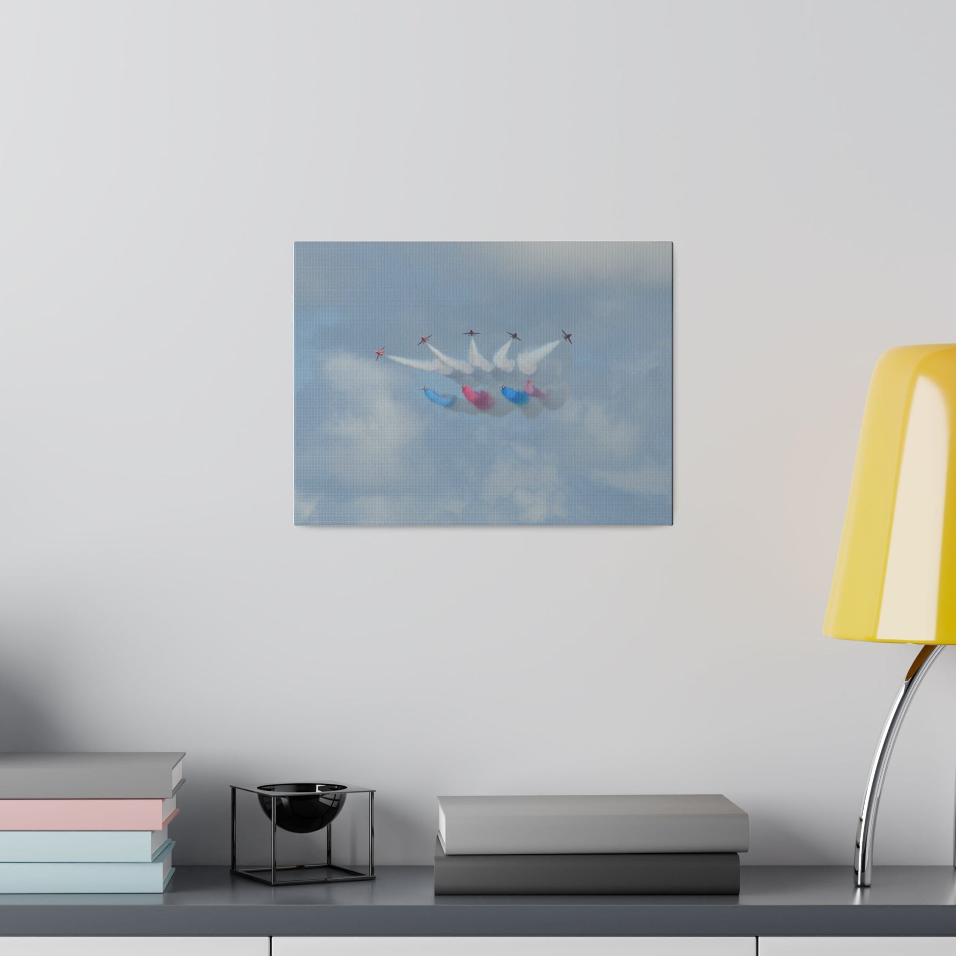 The Red Arrows Flying Straight With White, Red And Blue Smoke About To Breaking Formation In Progress, Matte Canvas, Stretched, 0.75" - The Trio Synergize Group