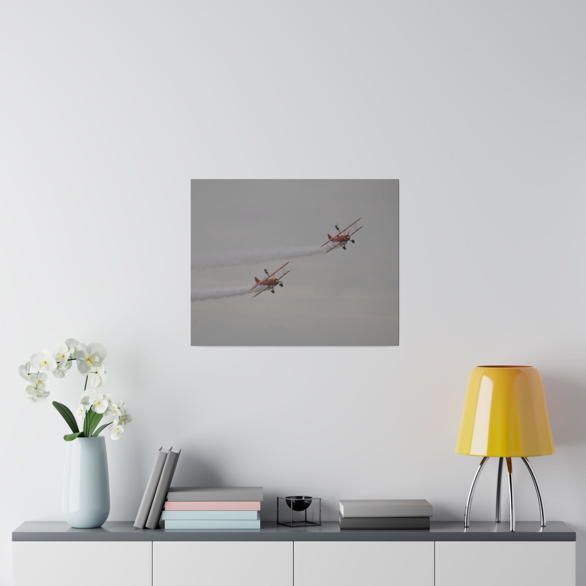 The Wing Walkers Flying From The Left, Front View With Smoke And With People And Their Left Arm In The Air, Matte Canvas, Stretched, 0.75" - The Trio Synergize Group
