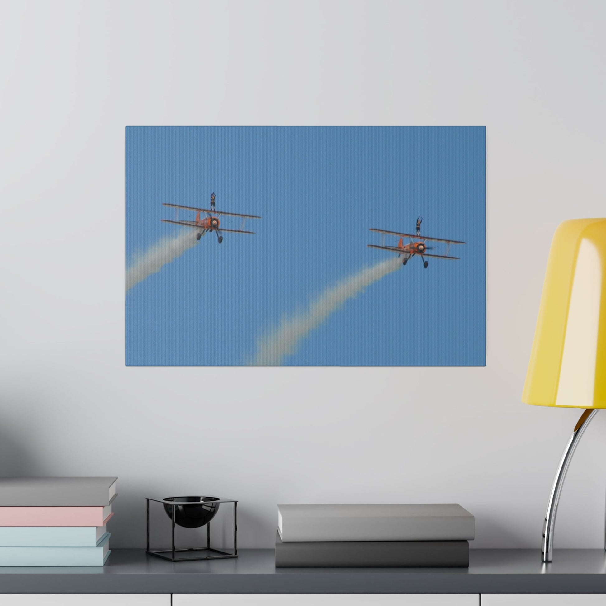 The Wing Walkers Flying From The Left, With Smoke And People With Their Arms Above Their Heads, Matte Canvas, Stretched, 0.75" - The Trio Synergize Group
