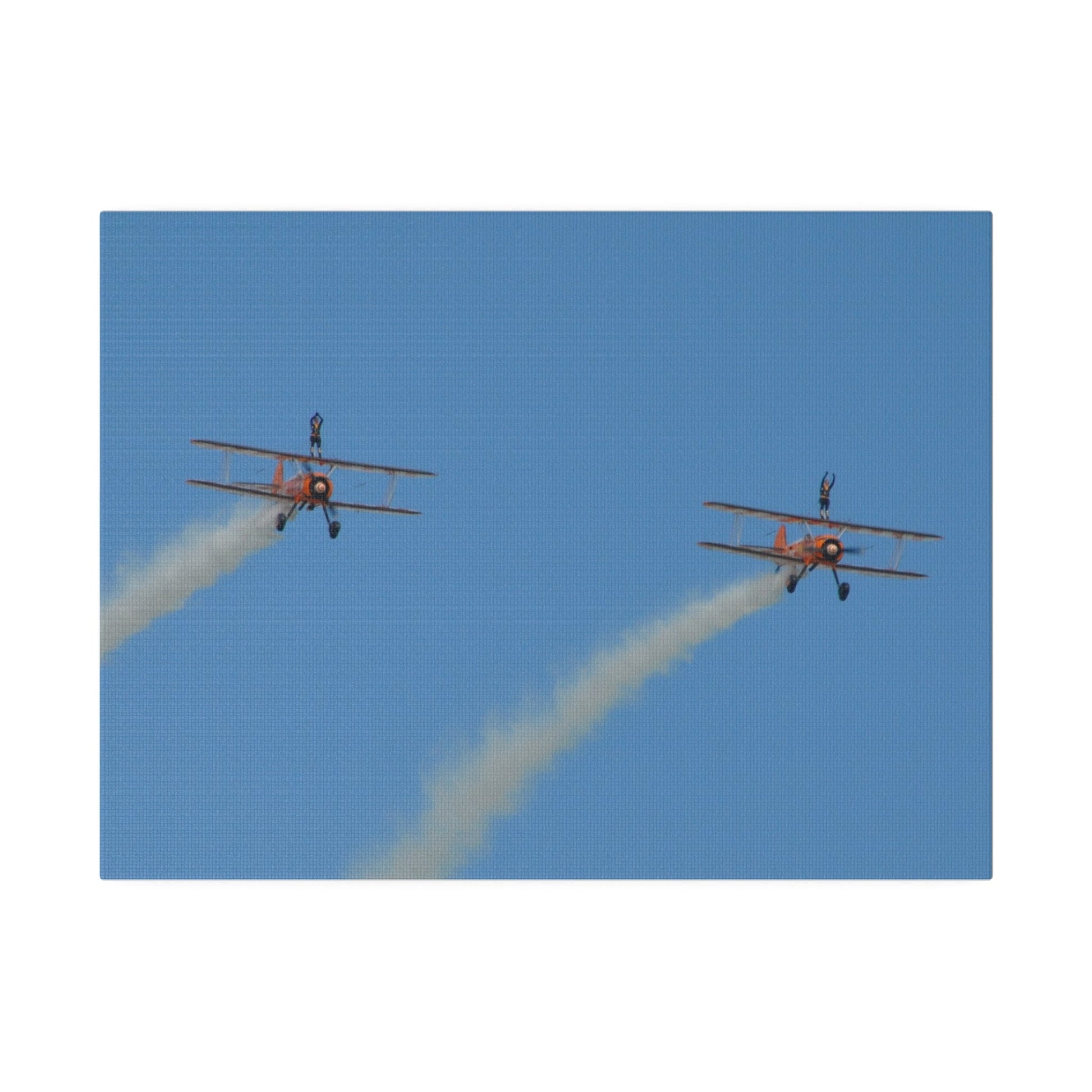 The Wing Walkers Flying From The Left, With Smoke And People With Their Arms Above Their Heads, Matte Canvas, Stretched, 0.75" - The Trio Synergize Group