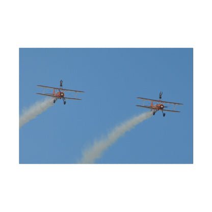 The Wing Walkers Flying From The Left, With Smoke And People With Their Arms Above Their Heads, Matte Canvas, Stretched, 0.75" - The Trio Synergize Group
