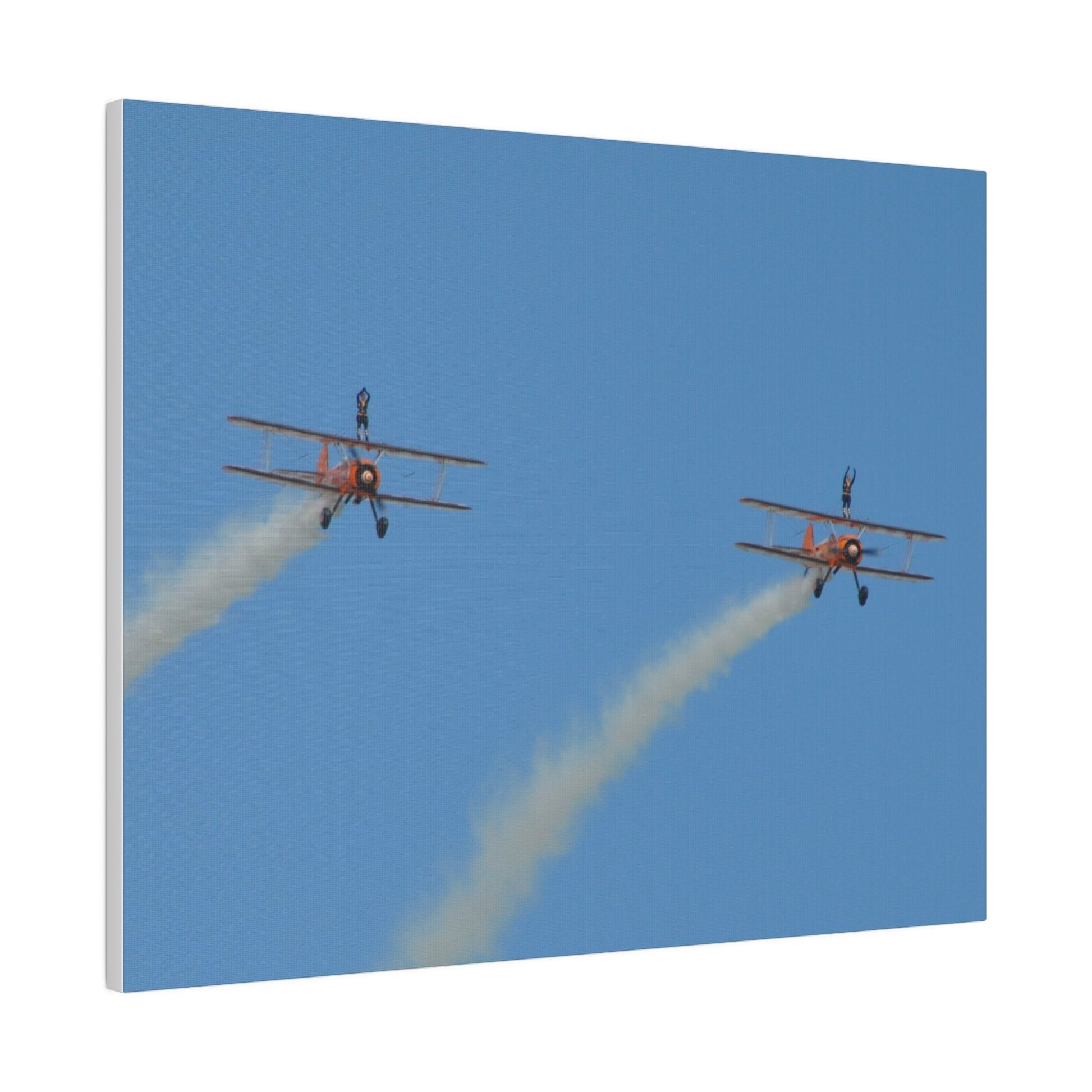The Wing Walkers Flying From The Left, With Smoke And People With Their Arms Above Their Heads, Matte Canvas, Stretched, 0.75" - The Trio Synergize Group