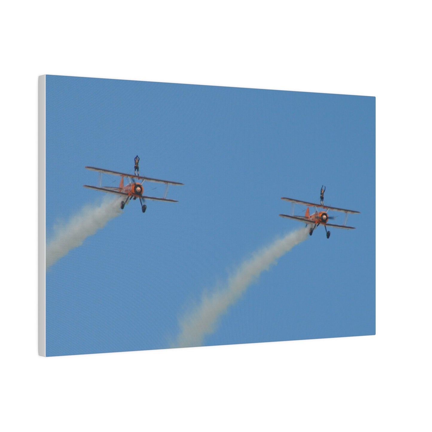 The Wing Walkers Flying From The Left, With Smoke And People With Their Arms Above Their Heads, Matte Canvas, Stretched, 0.75" - The Trio Synergize Group