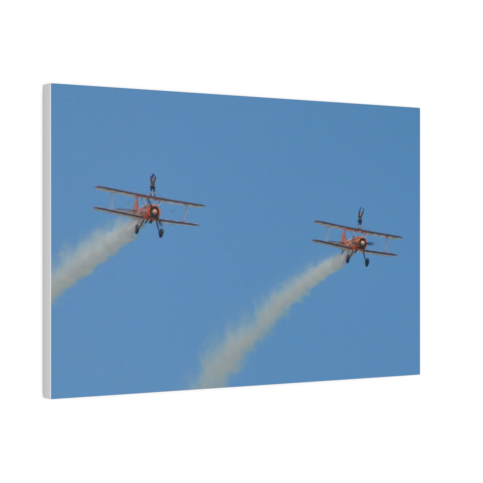 The Wing Walkers Flying From The Left, With Smoke And People With Their Arms Above Their Heads, Matte Canvas, Stretched, 0.75" - The Trio Synergize Group