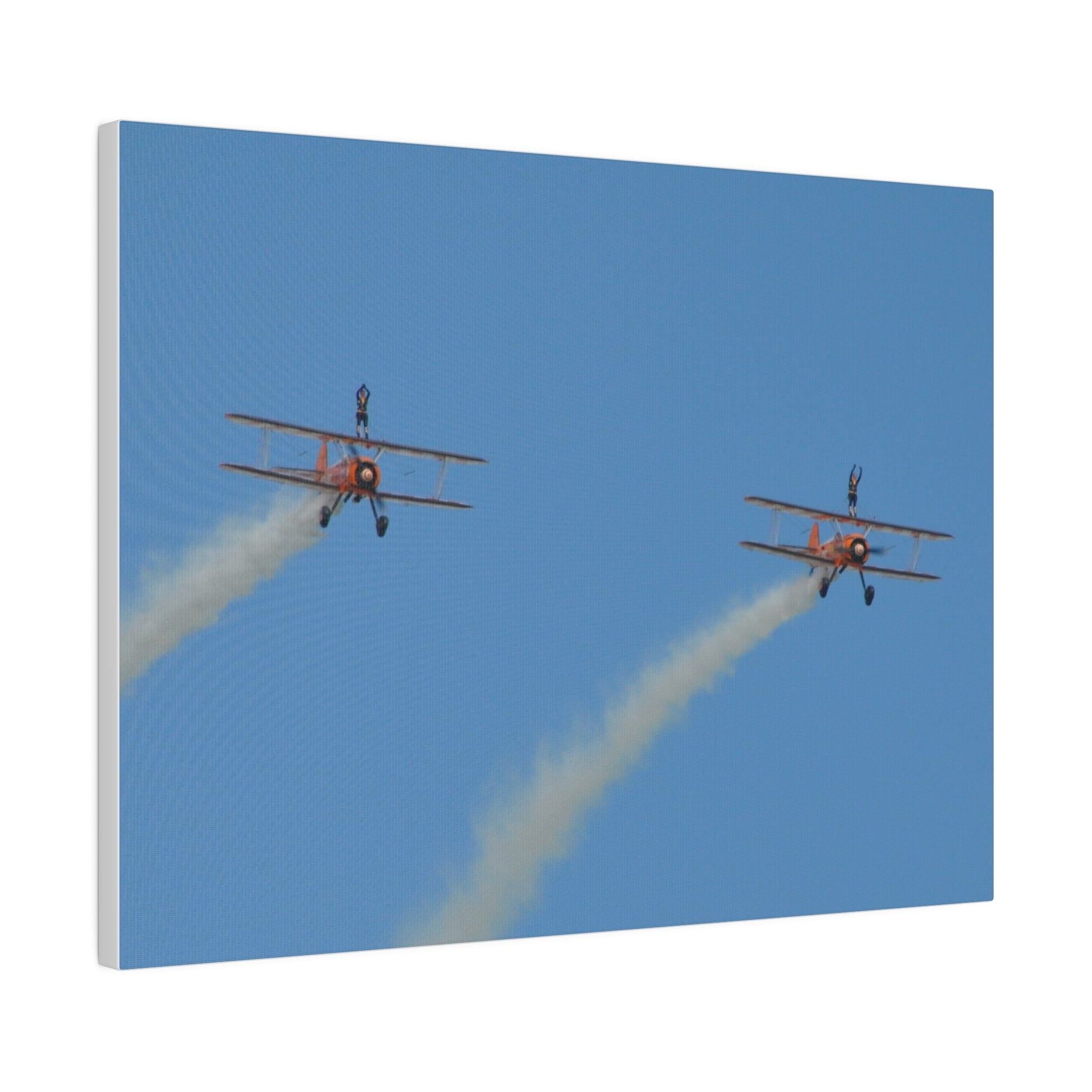 The Wing Walkers Flying From The Left, With Smoke And People With Their Arms Above Their Heads, Matte Canvas, Stretched, 0.75" - The Trio Synergize Group