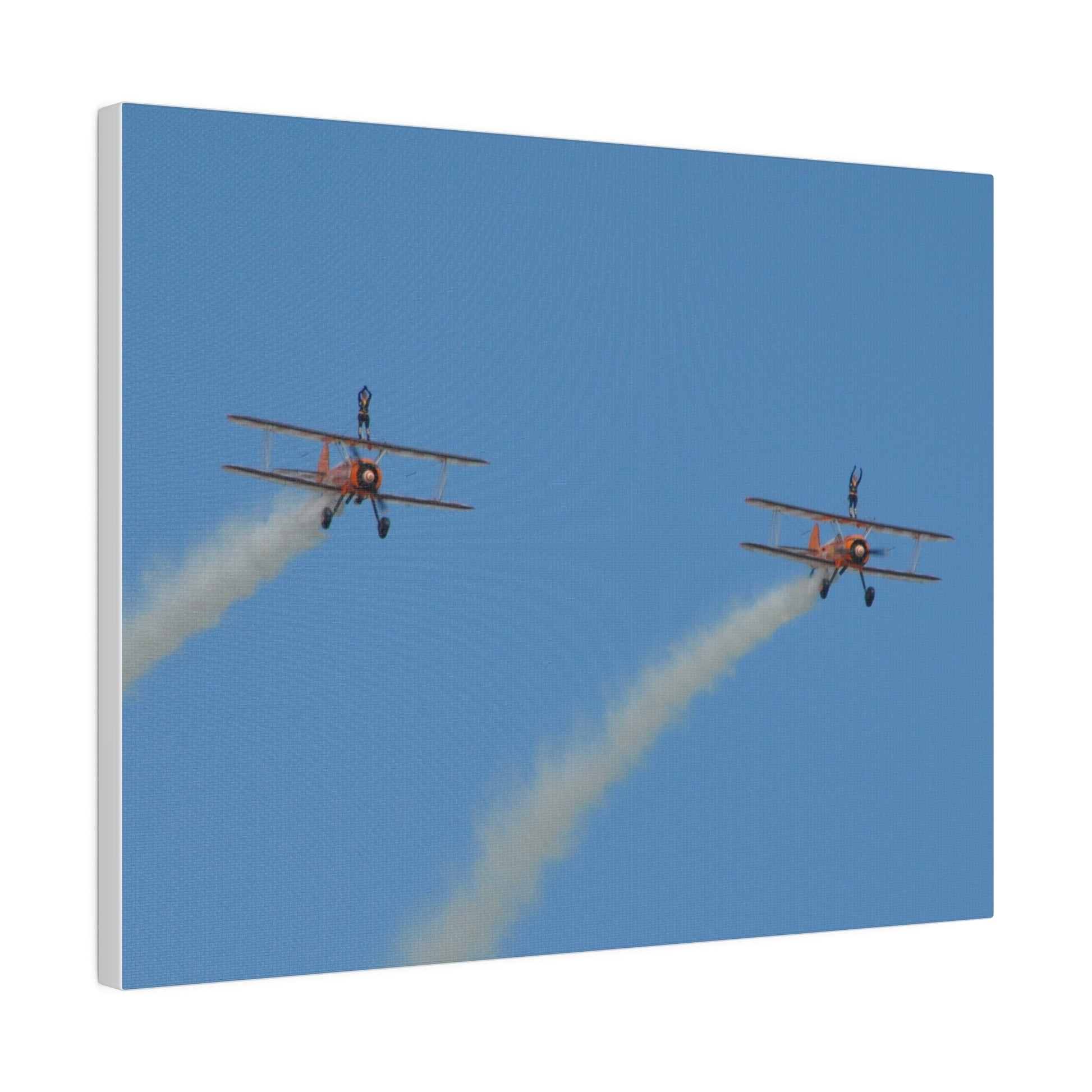 The Wing Walkers Flying From The Left, With Smoke And People With Their Arms Above Their Heads, Matte Canvas, Stretched, 0.75" - The Trio Synergize Group