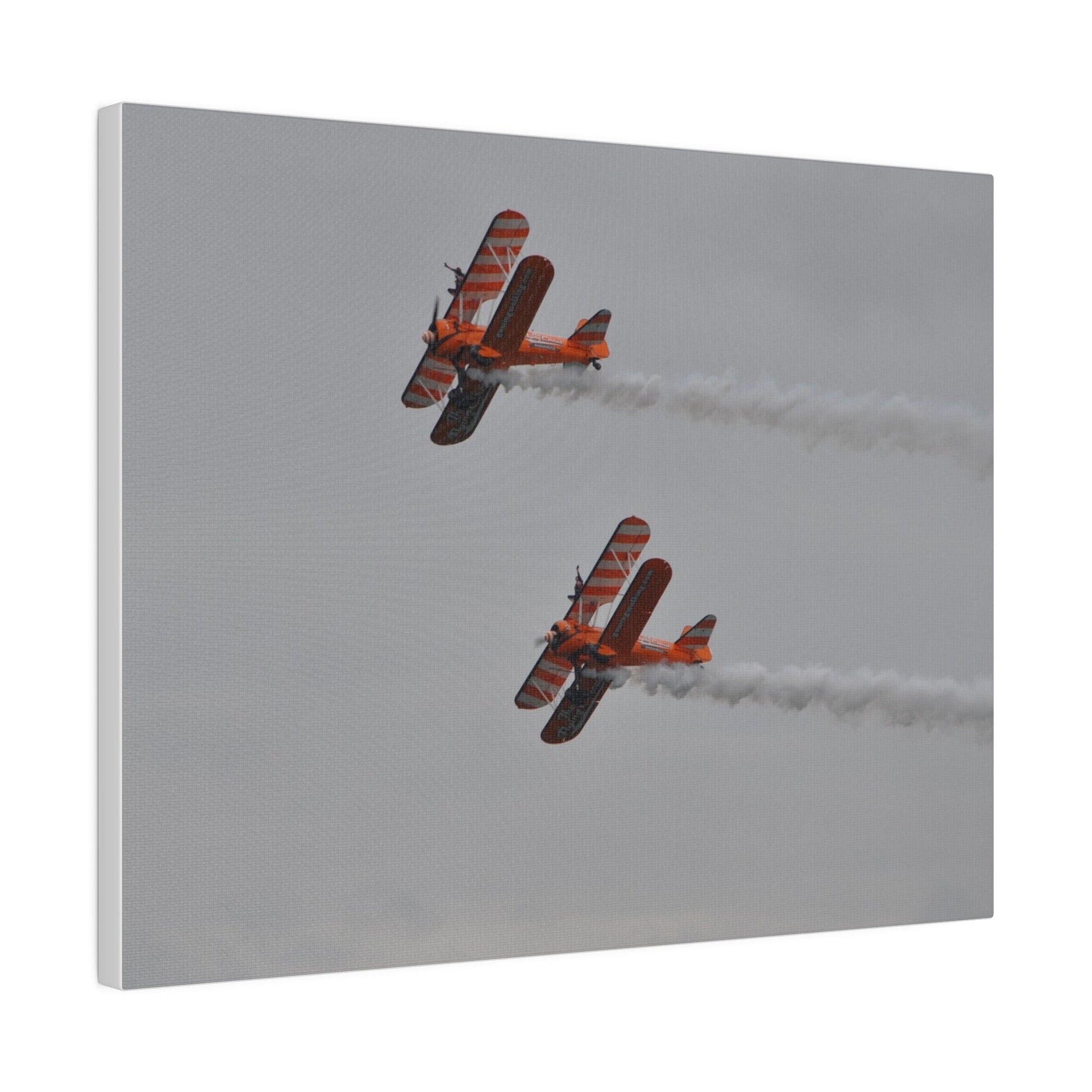 The Wing Walkers Flying From The Right With Smoke And With A View Of The Undercarriage, Close Up, Matte Canvas, Stretched, 0.75" - The Trio Synergize Group