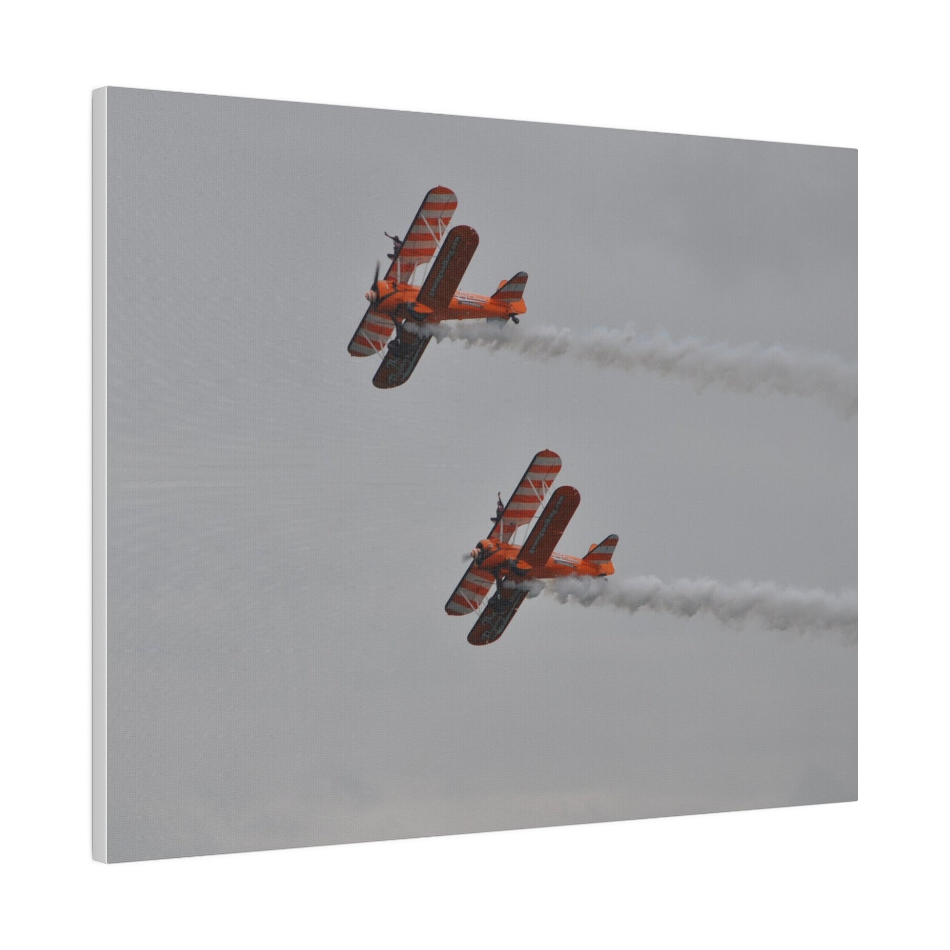 The Wing Walkers Flying From The Right With Smoke And With A View Of The Undercarriage, Close Up, Matte Canvas, Stretched, 0.75" - The Trio Synergize Group