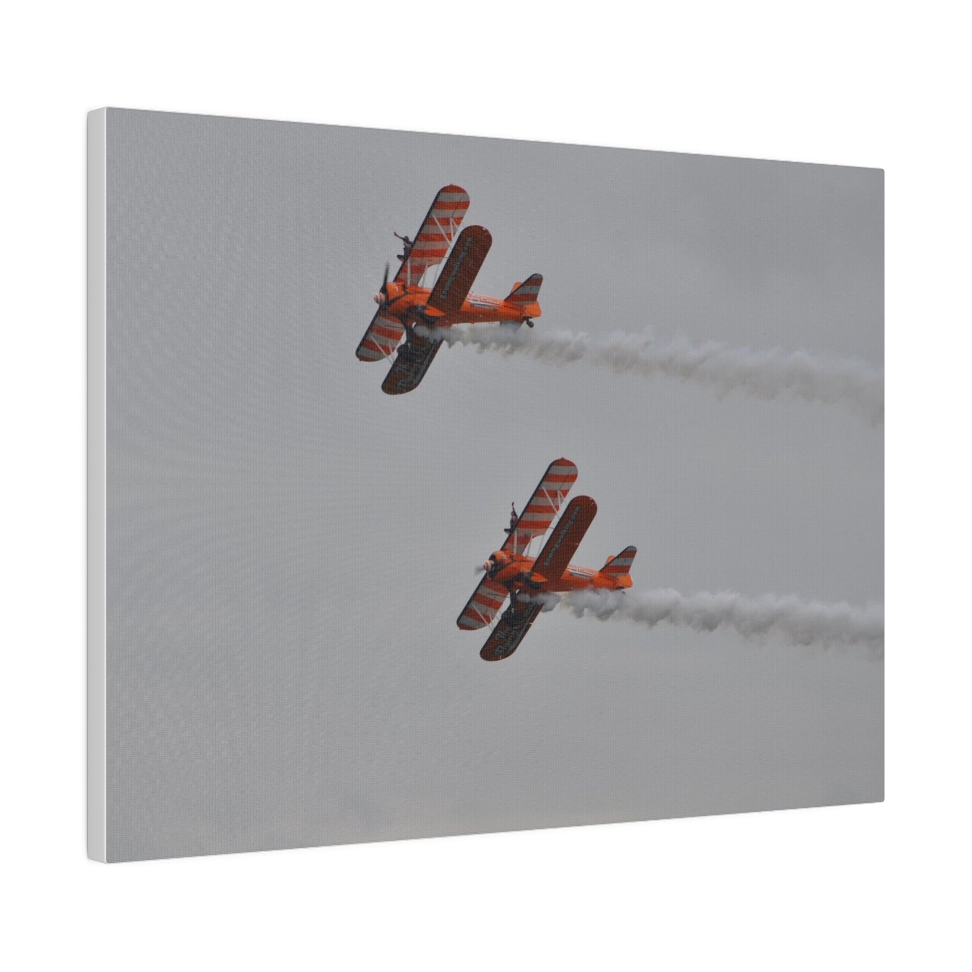 The Wing Walkers Flying From The Right With Smoke And With A View Of The Undercarriage, Close Up, Matte Canvas, Stretched, 0.75" - The Trio Synergize Group