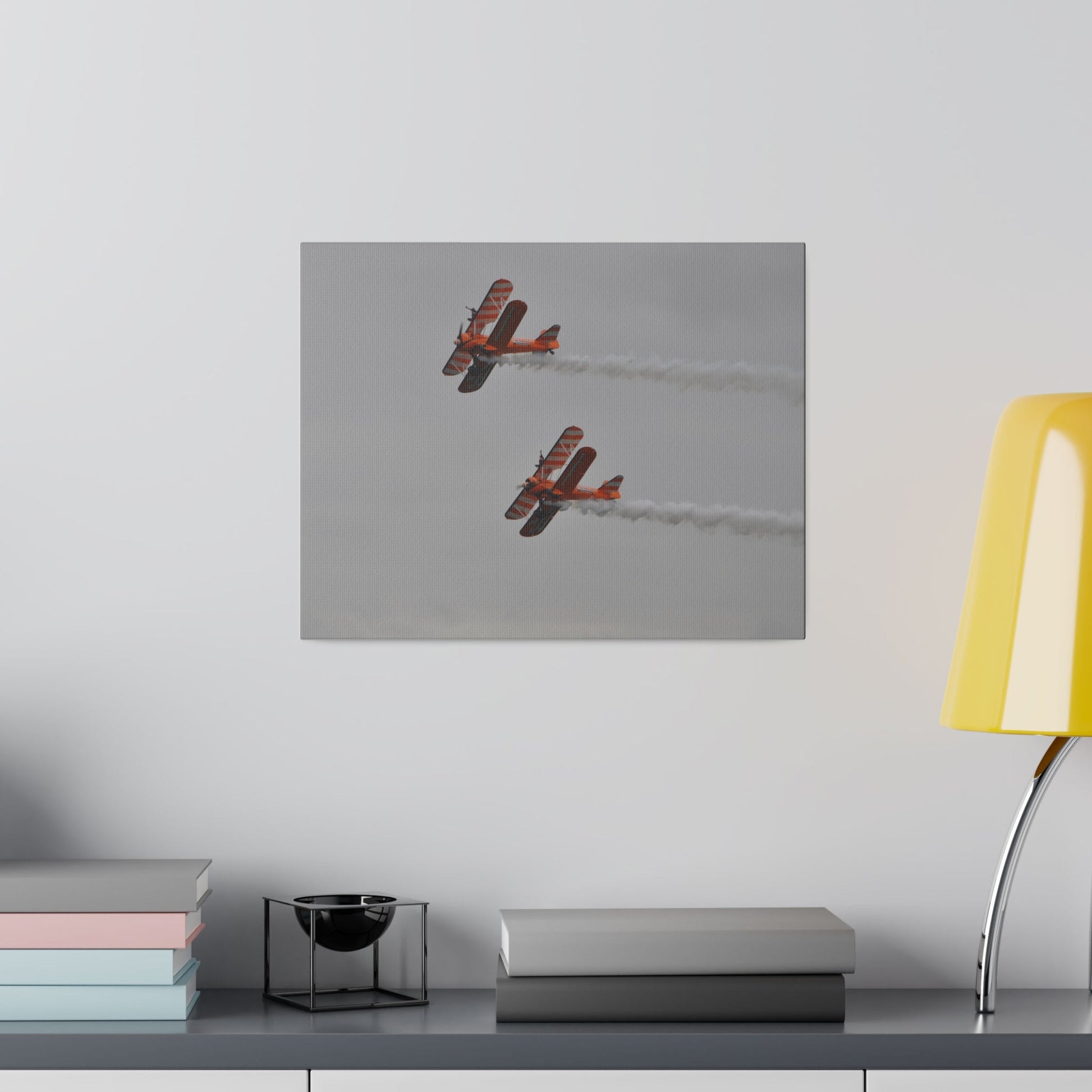 The Wing Walkers Flying From The Right With Smoke And With A View Of The Undercarriage, Close Up, Matte Canvas, Stretched, 0.75" - The Trio Synergize Group