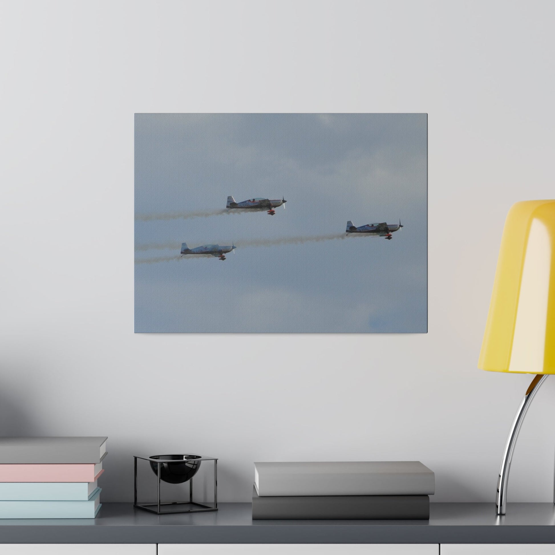 Three Blades Flying From The Left With Smoke Side View, Matte Canvas, Stretched, 0.75" - The Trio Synergize Group