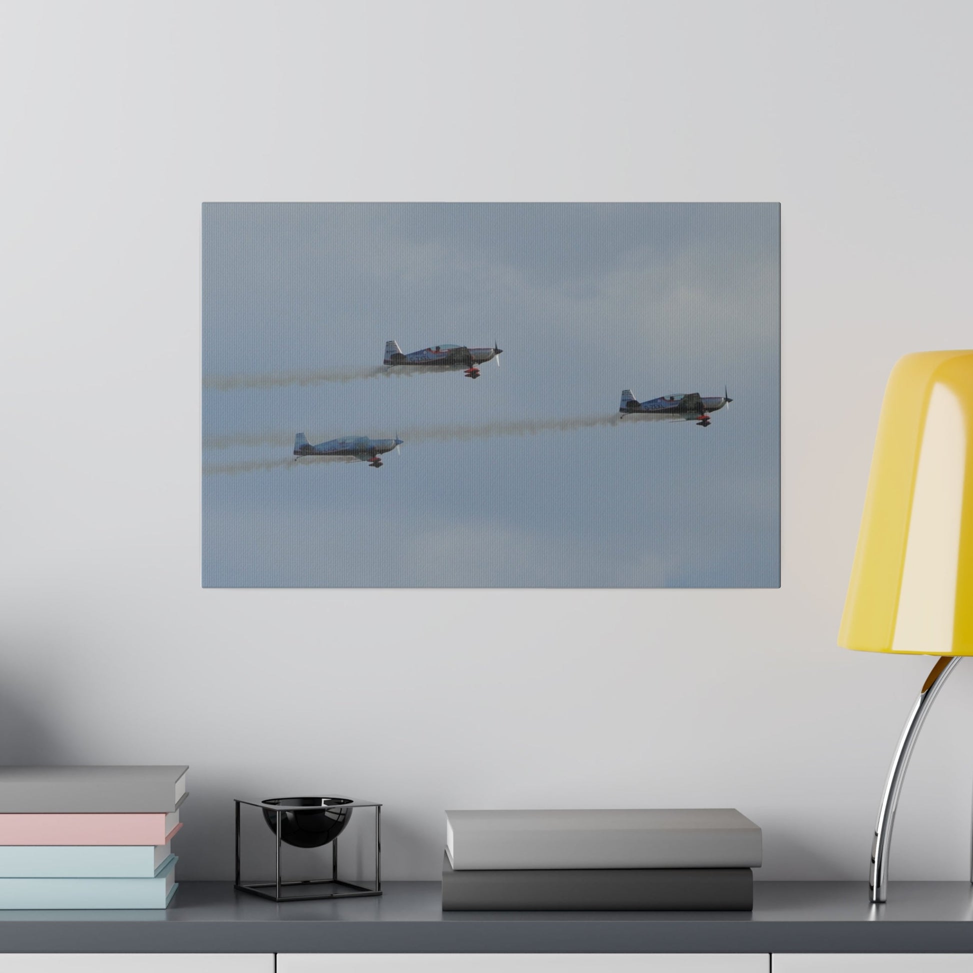 Three Blades Flying From The Left With Smoke Side View, Matte Canvas, Stretched, 0.75" - The Trio Synergize Group