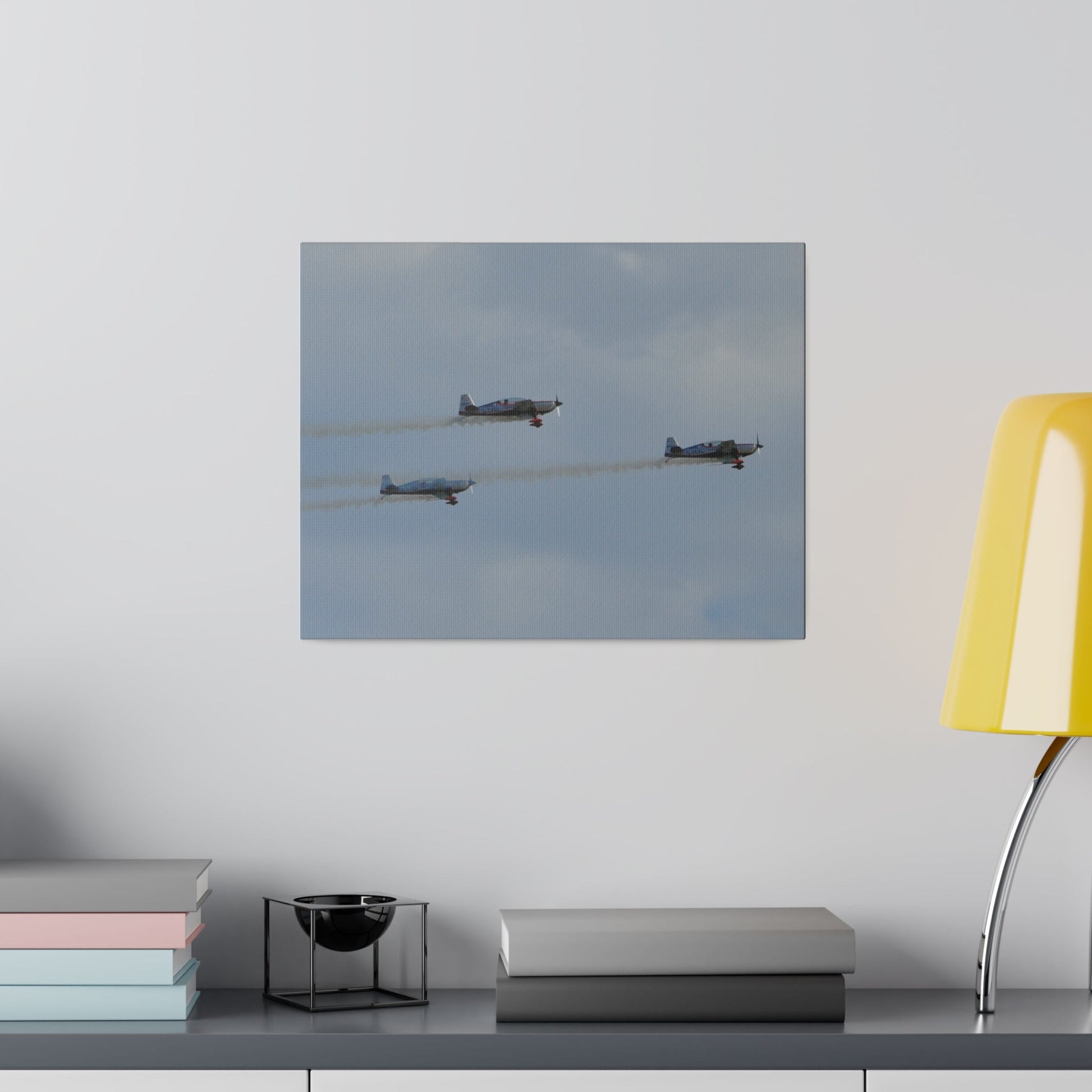 Three Blades Flying From The Left With Smoke Side View, Matte Canvas, Stretched, 0.75" - The Trio Synergize Group