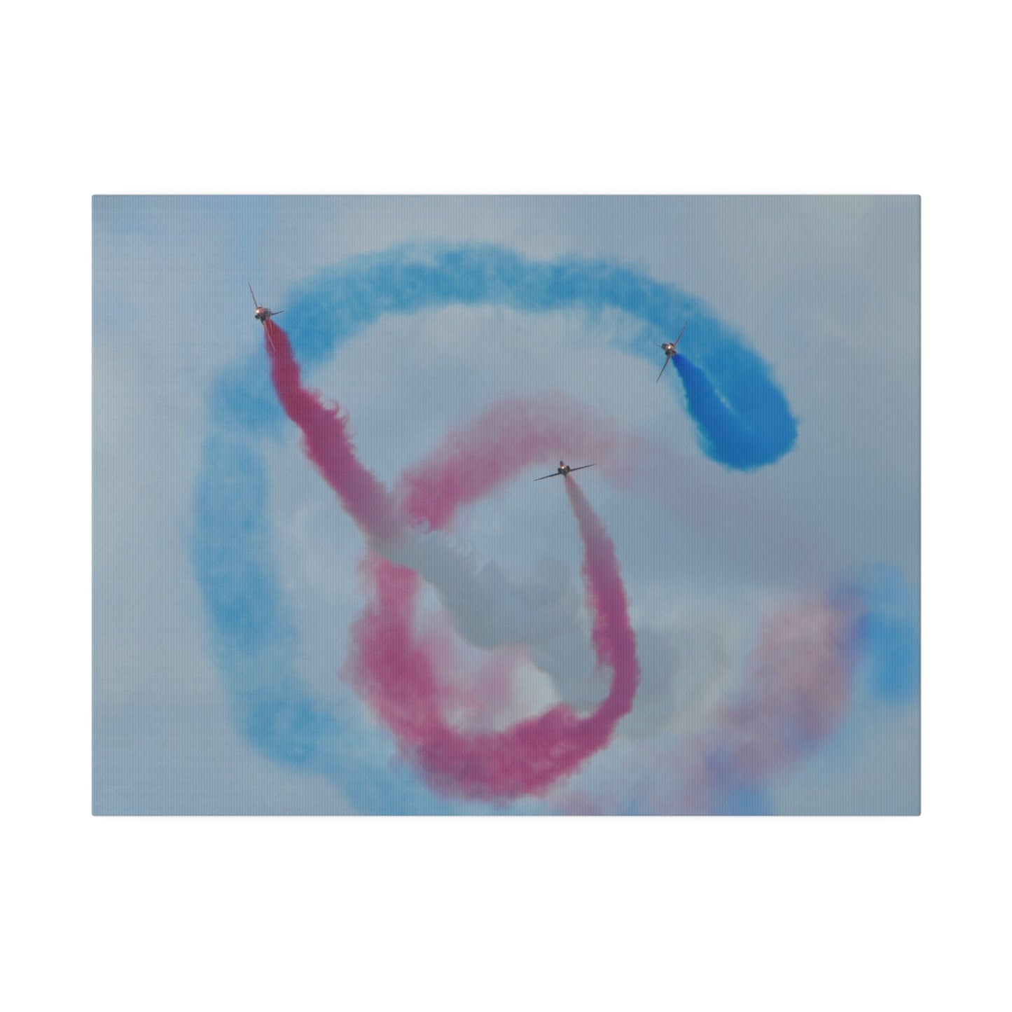 Three Red Arrows Flying Straight Forward One In The Middle With White Smoked, The Other Two Looping Around With Blue And Red Smoke Close Up, Matte Canvas, Stretched, 0.75" - The Trio Synergize Group
