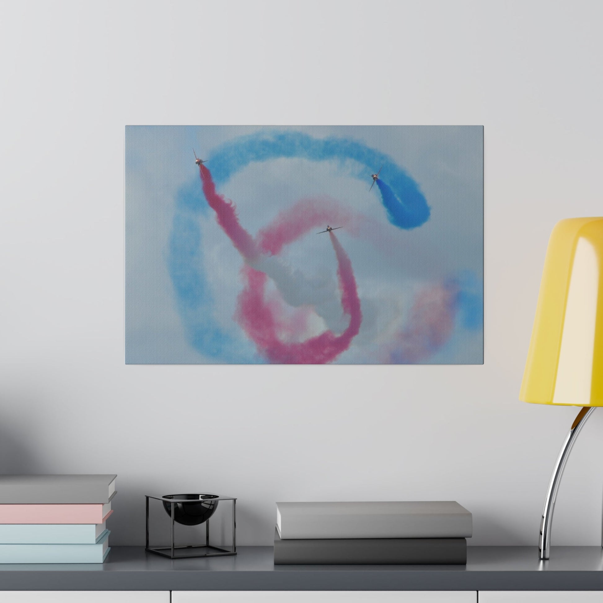 Three Red Arrows Flying Straight Forward One In The Middle With White Smoked, The Other Two Looping Around With Blue And Red Smoke Close Up, Matte Canvas, Stretched, 0.75" - The Trio Synergize Group