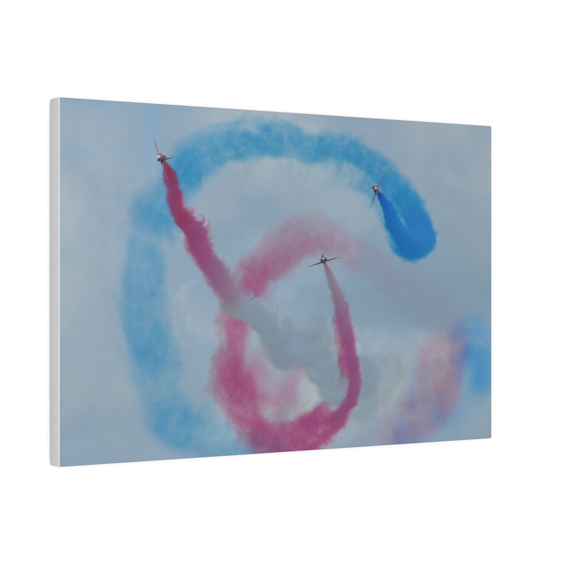 Three Red Arrows Flying Straight Forward One In The Middle With White Smoked, The Other Two Looping Around With Blue And Red Smoke Close Up, Matte Canvas, Stretched, 0.75" - The Trio Synergize Group