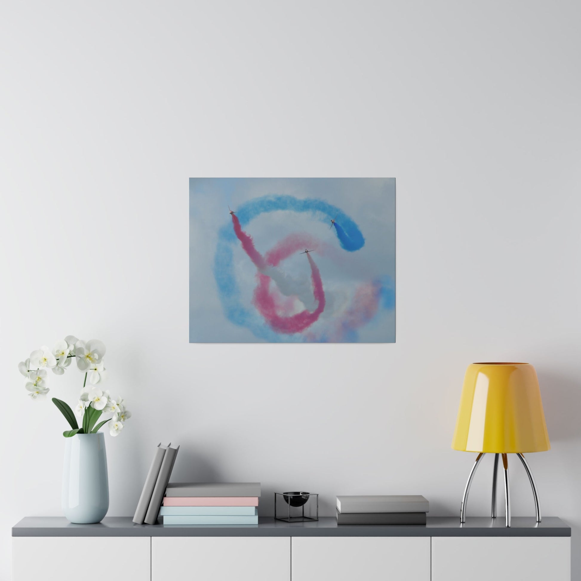 Three Red Arrows Flying Straight Forward One In The Middle With White Smoked, The Other Two Looping Around With Blue And Red Smoke Close Up, Matte Canvas, Stretched, 0.75" - The Trio Synergize Group