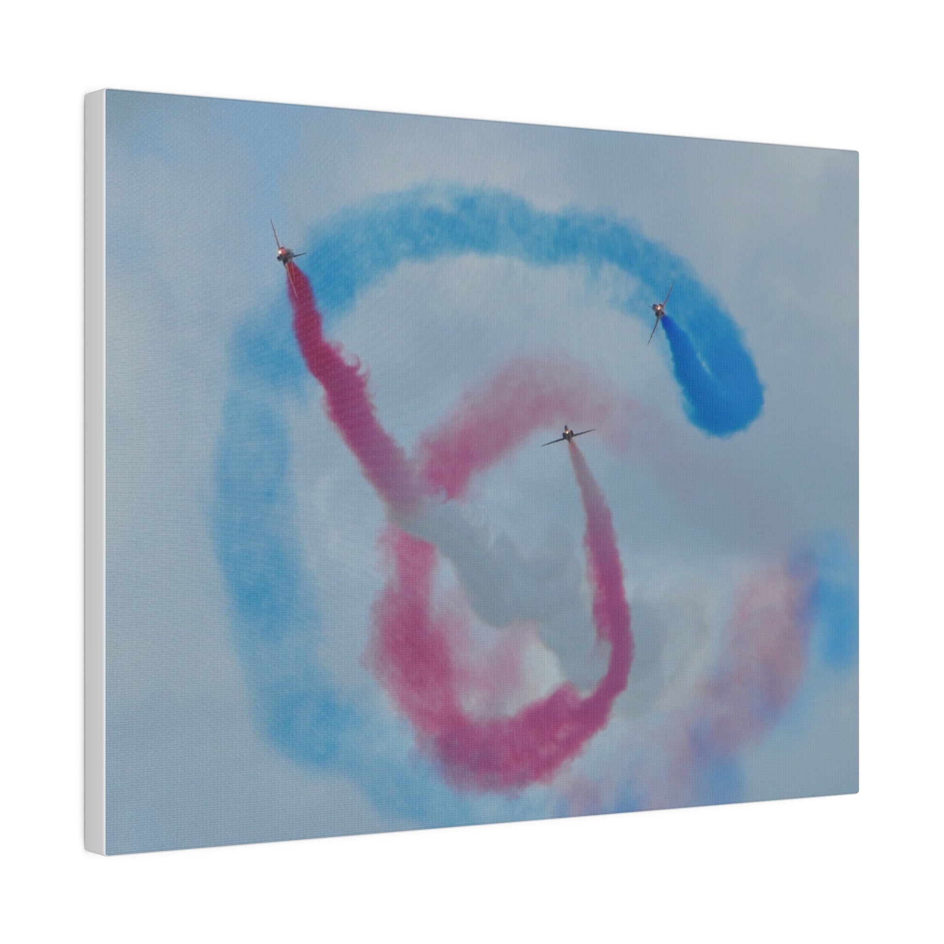Three Red Arrows Flying Straight Forward One In The Middle With White Smoked, The Other Two Looping Around With Blue And Red Smoke Close Up, Matte Canvas, Stretched, 0.75" - The Trio Synergize Group