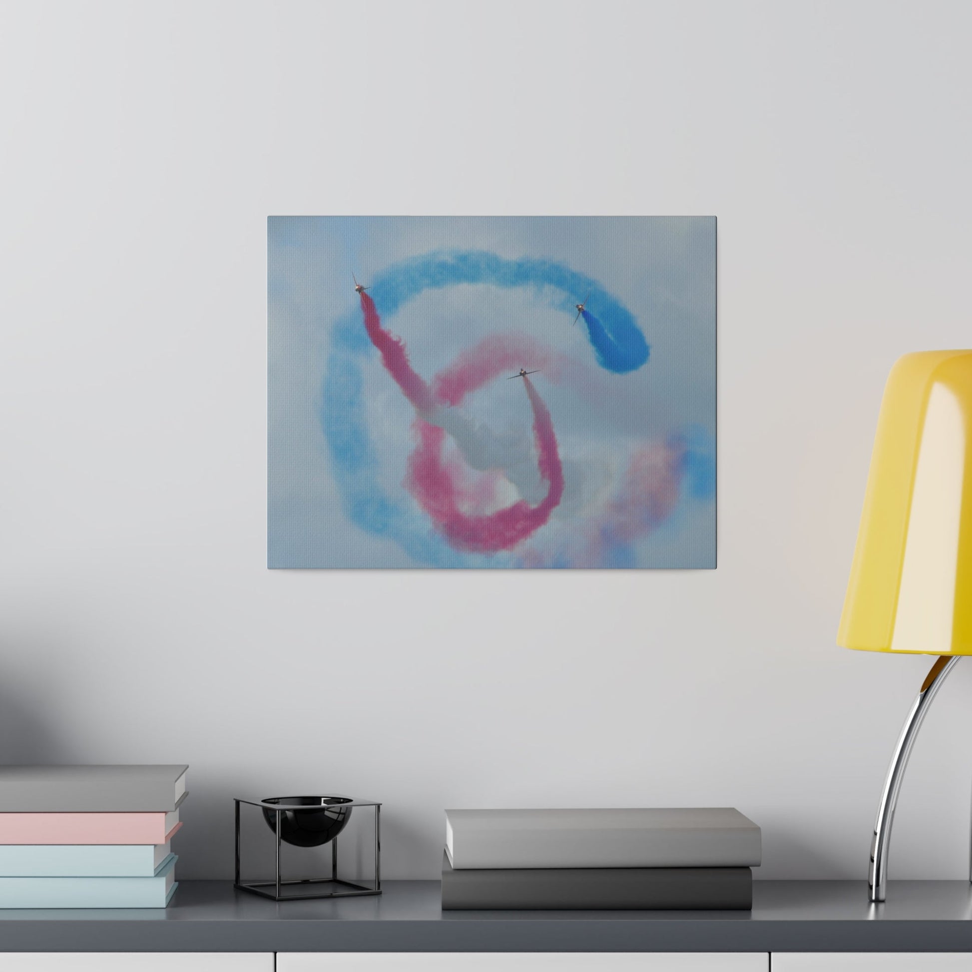 Three Red Arrows Flying Straight Forward One In The Middle With White Smoked, The Other Two Looping Around With Blue And Red Smoke Close Up, Matte Canvas, Stretched, 0.75" - The Trio Synergize Group