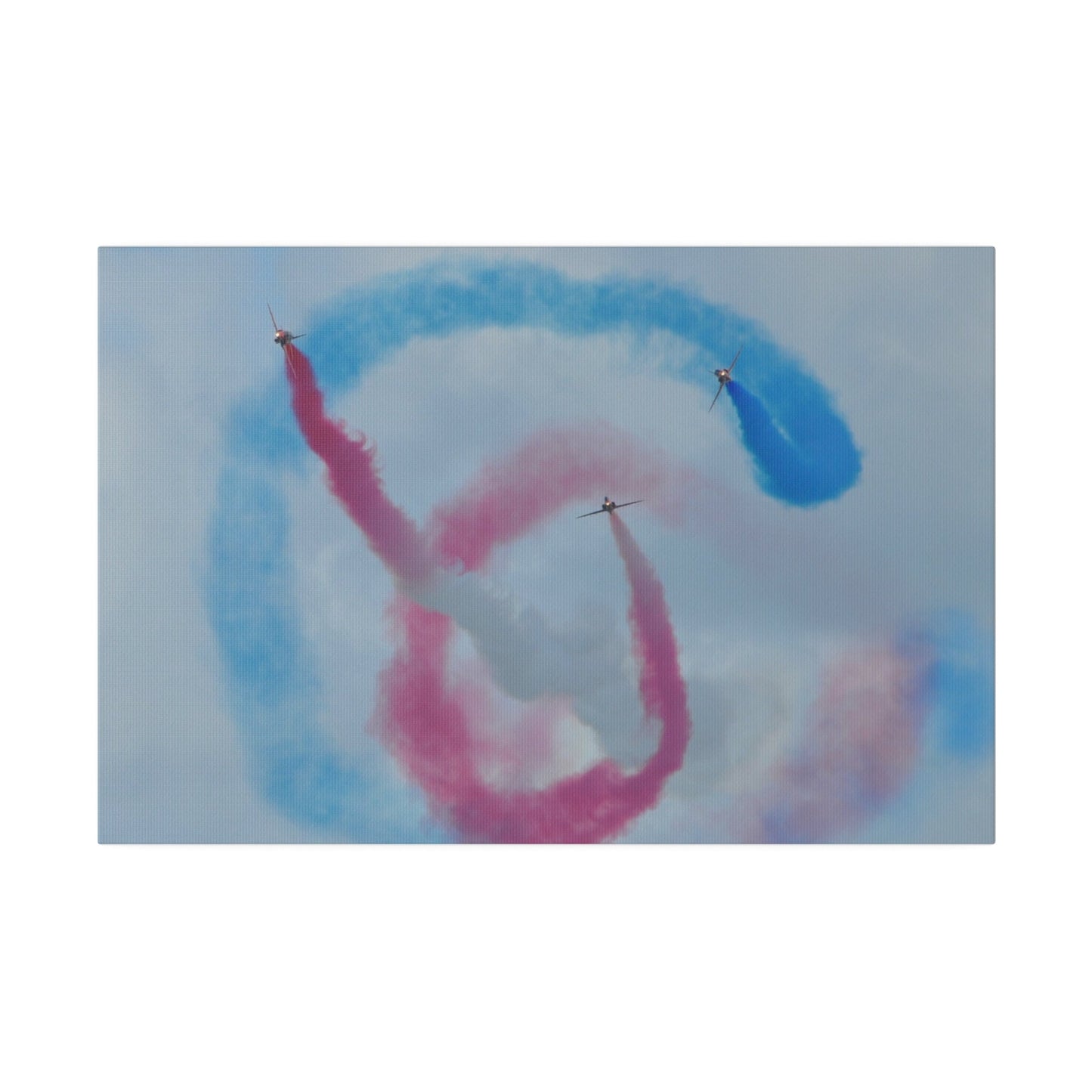Three Red Arrows Flying Straight Forward One In The Middle With White Smoked, The Other Two Looping Around With Blue And Red Smoke Close Up, Matte Canvas, Stretched, 0.75" - The Trio Synergize Group