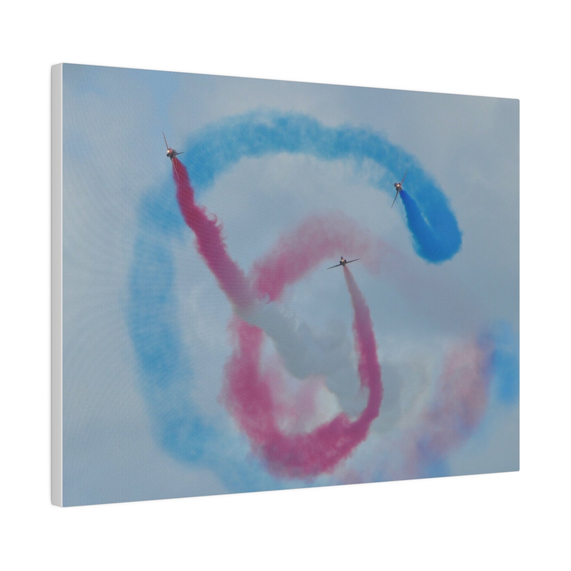 Three Red Arrows Flying Straight Forward One In The Middle With White Smoked, The Other Two Looping Around With Blue And Red Smoke Close Up, Matte Canvas, Stretched, 0.75" - The Trio Synergize Group