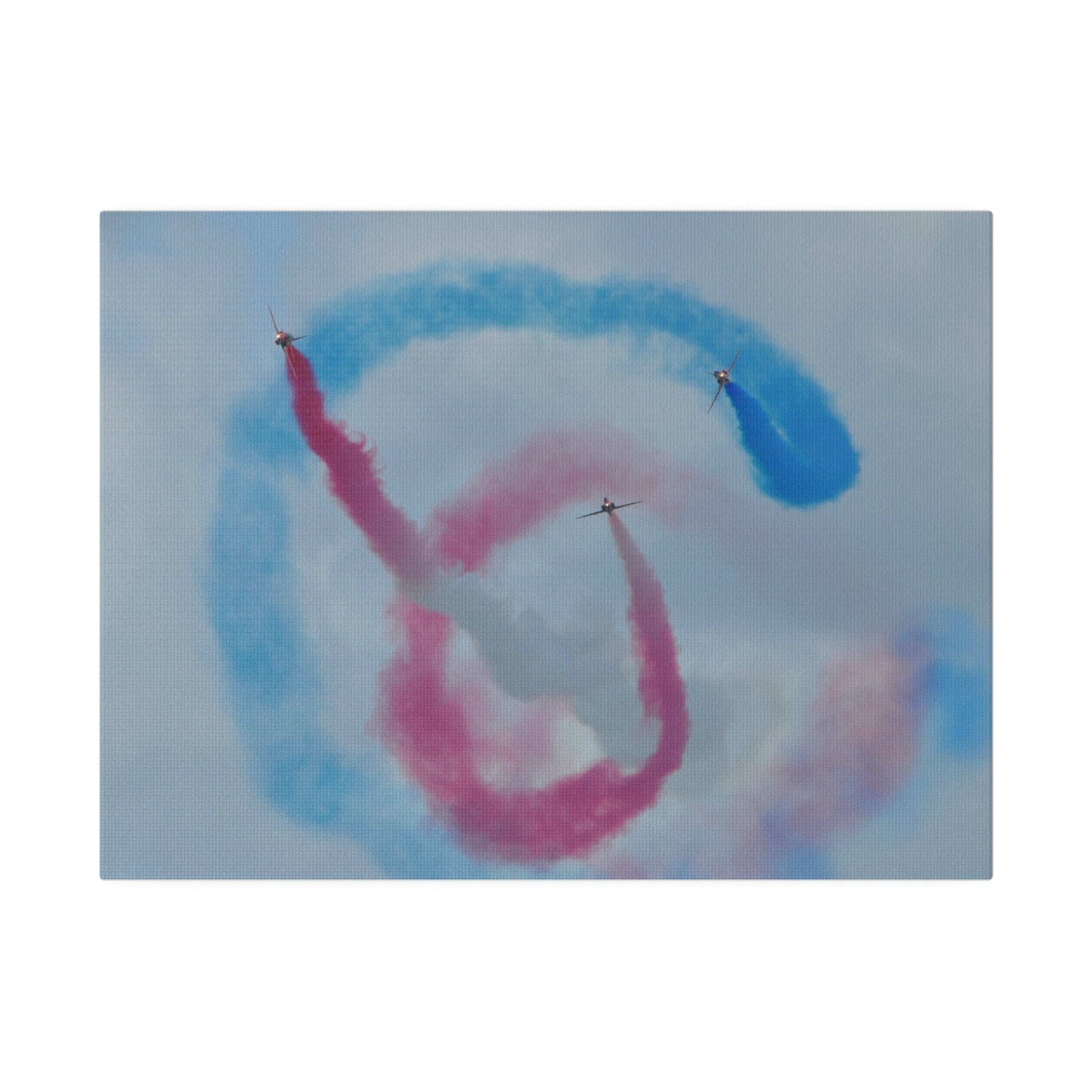 Three Red Arrows Flying Straight Forward One In The Middle With White Smoked, The Other Two Looping Around With Blue And Red Smoke Close Up, Matte Canvas, Stretched, 0.75" - The Trio Synergize Group