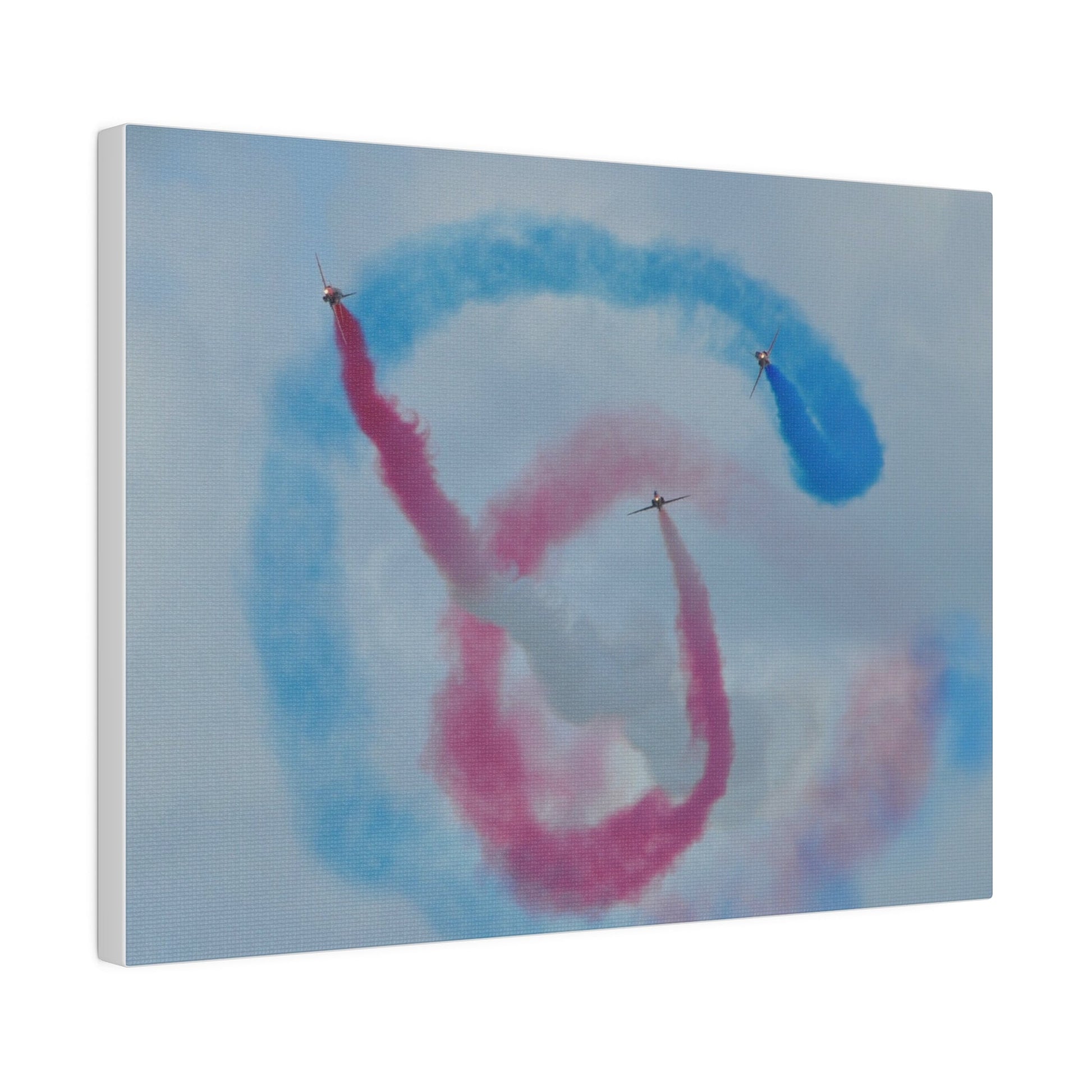 Three Red Arrows Flying Straight Forward One In The Middle With White Smoked, The Other Two Looping Around With Blue And Red Smoke Close Up, Matte Canvas, Stretched, 0.75" - The Trio Synergize Group