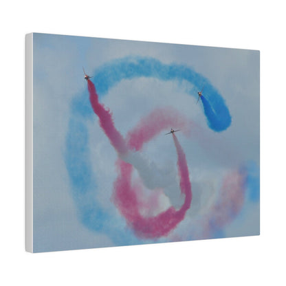 Three Red Arrows Flying Straight Forward One In The Middle With White Smoked, The Other Two Looping Around With Blue And Red Smoke Close Up, Matte Canvas, Stretched, 0.75" - The Trio Synergize Group