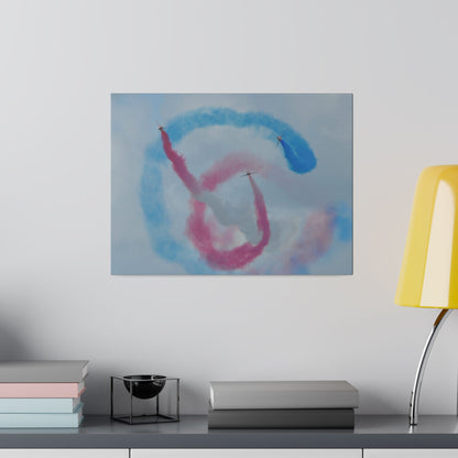 Three Red Arrows Flying Straight Forward One In The Middle With White Smoked, The Other Two Looping Around With Blue And Red Smoke Close Up, Matte Canvas, Stretched, 0.75" - The Trio Synergize Group