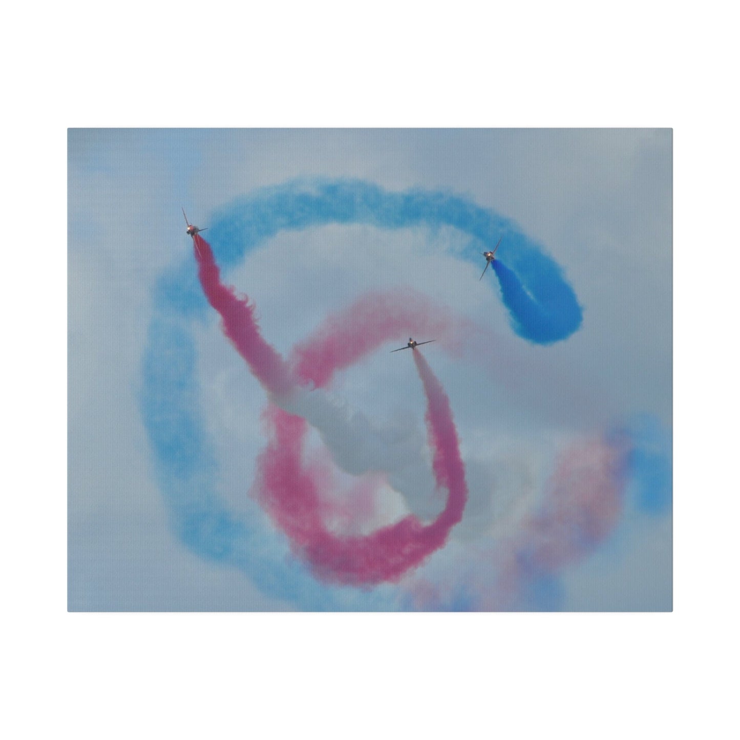 Three Red Arrows Flying Straight Forward One In The Middle With White Smoked, The Other Two Looping Around With Blue And Red Smoke Close Up, Matte Canvas, Stretched, 0.75" - The Trio Synergize Group
