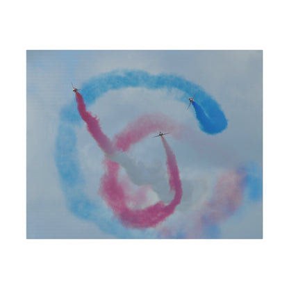 Three Red Arrows Flying Straight Forward One In The Middle With White Smoked, The Other Two Looping Around With Blue And Red Smoke Close Up, Matte Canvas, Stretched, 0.75" - The Trio Synergize Group