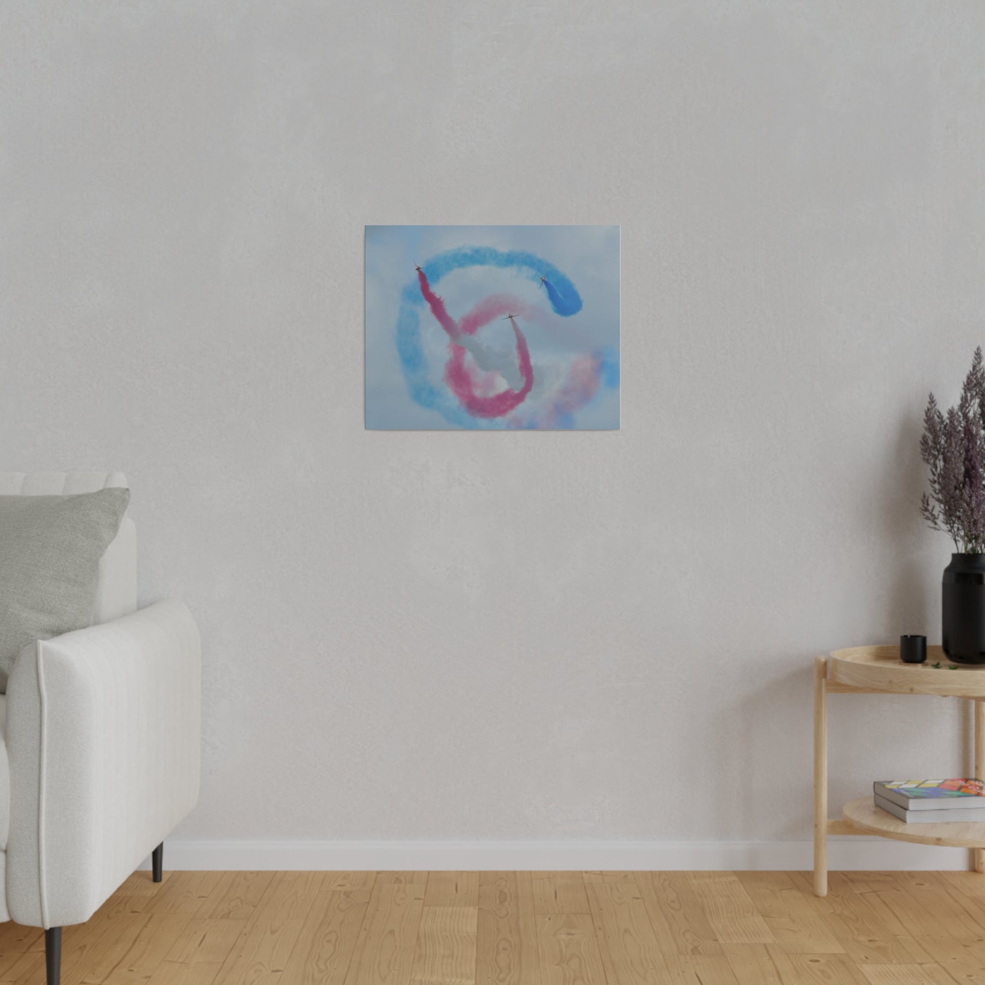 Three Red Arrows Flying Straight Forward One In The Middle With White Smoked, The Other Two Looping Around With Blue And Red Smoke Close Up, Matte Canvas, Stretched, 0.75" - The Trio Synergize Group