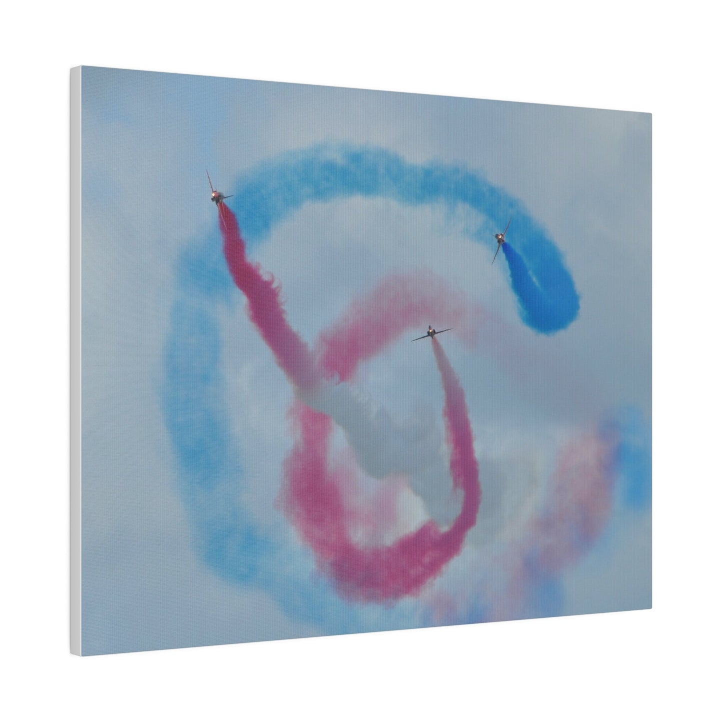 Three Red Arrows Flying Straight Forward One In The Middle With White Smoked, The Other Two Looping Around With Blue And Red Smoke Close Up, Matte Canvas, Stretched, 0.75" - The Trio Synergize Group