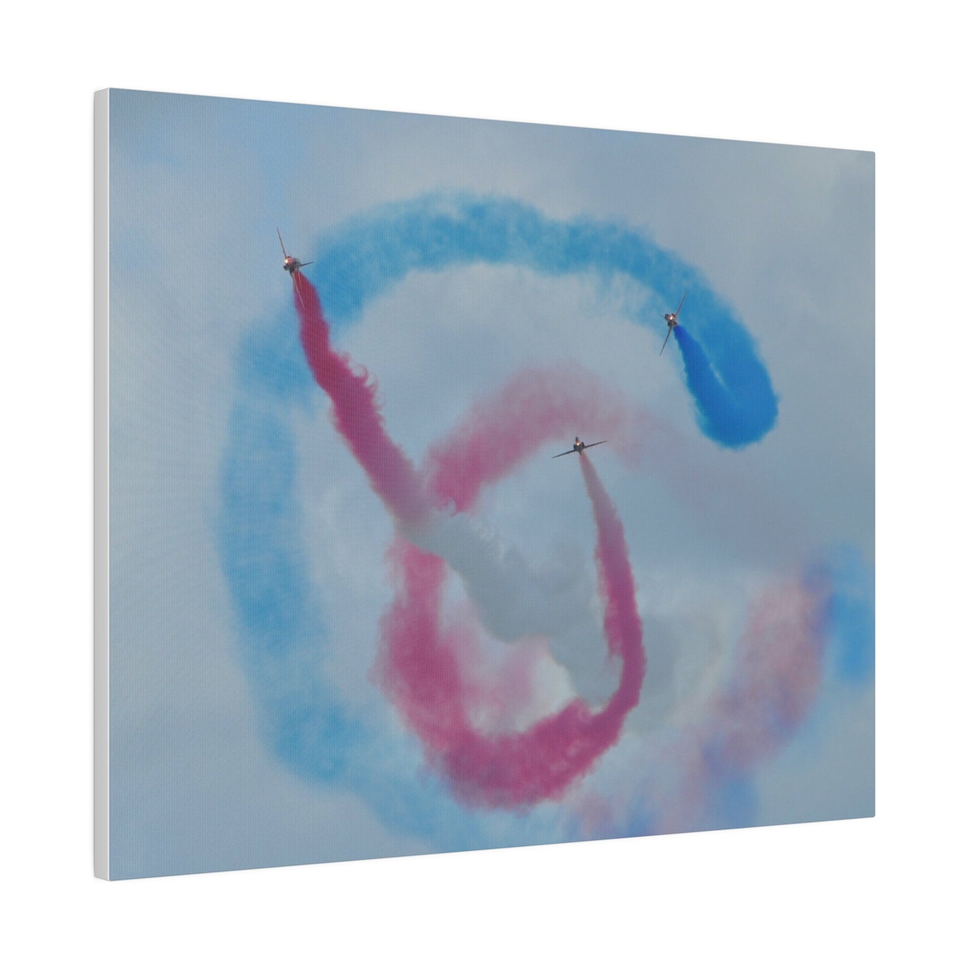 Three Red Arrows Flying Straight Forward One In The Middle With White Smoked, The Other Two Looping Around With Blue And Red Smoke Close Up, Matte Canvas, Stretched, 0.75" - The Trio Synergize Group