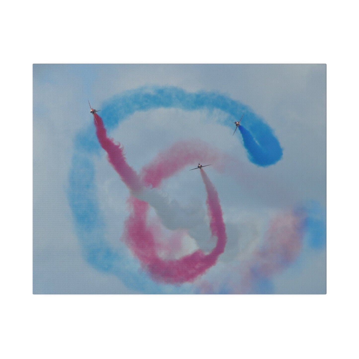 Three Red Arrows Flying Straight Forward One In The Middle With White Smoked, The Other Two Looping Around With Blue And Red Smoke Close Up, Matte Canvas, Stretched, 0.75" - The Trio Synergize Group