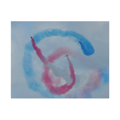 Three Red Arrows Flying Straight Forward One In The Middle With White Smoked, The Other Two Looping Around With Blue And Red Smoke Close Up, Matte Canvas, Stretched, 0.75" - The Trio Synergize Group
