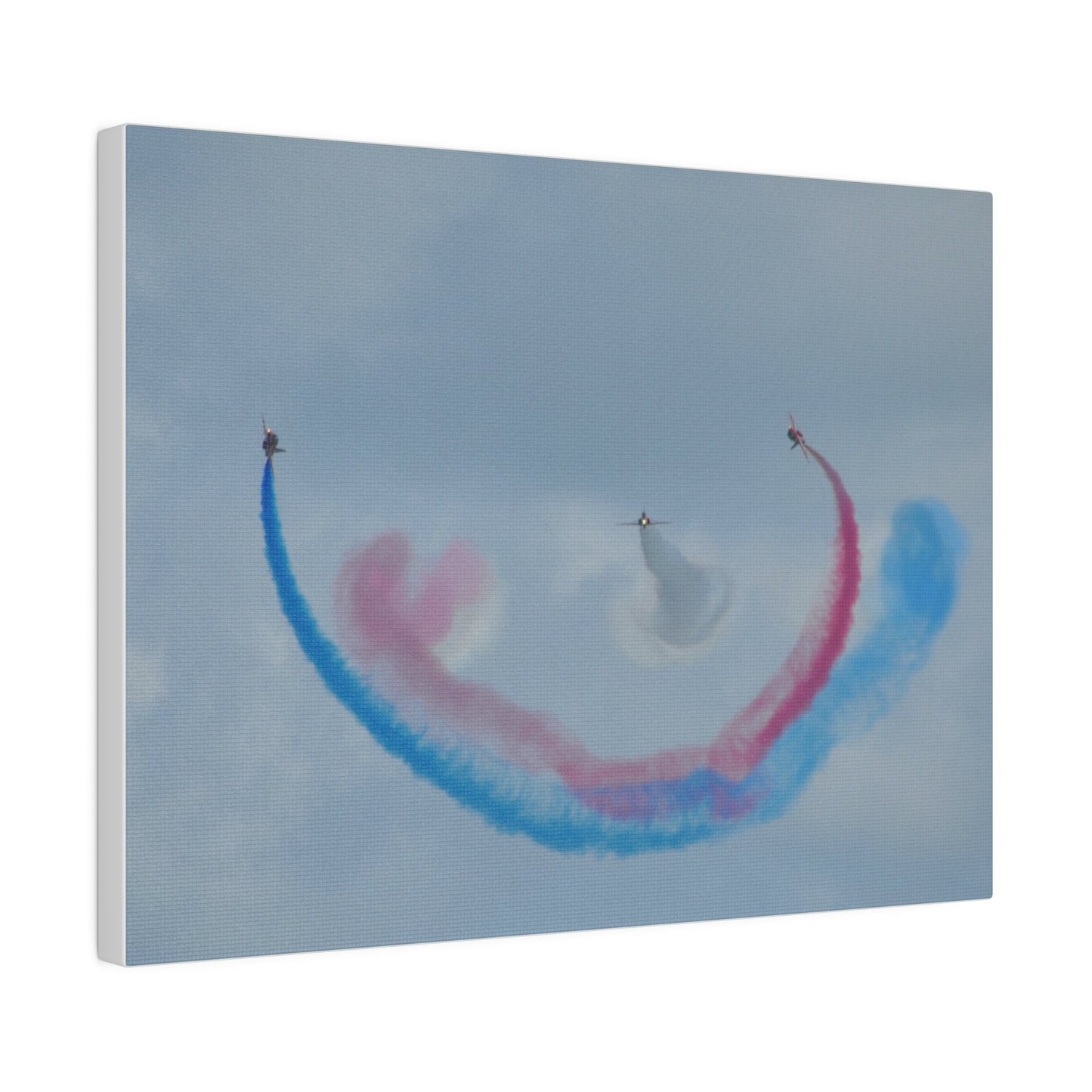 Three Red Arrows Flying Straight Forward One In The Middle With White Smoked, The Other Two Looping Around With Blue And Red Smoke, Matte Canvas, Stretched, 0.75" - The Trio Synergize Group