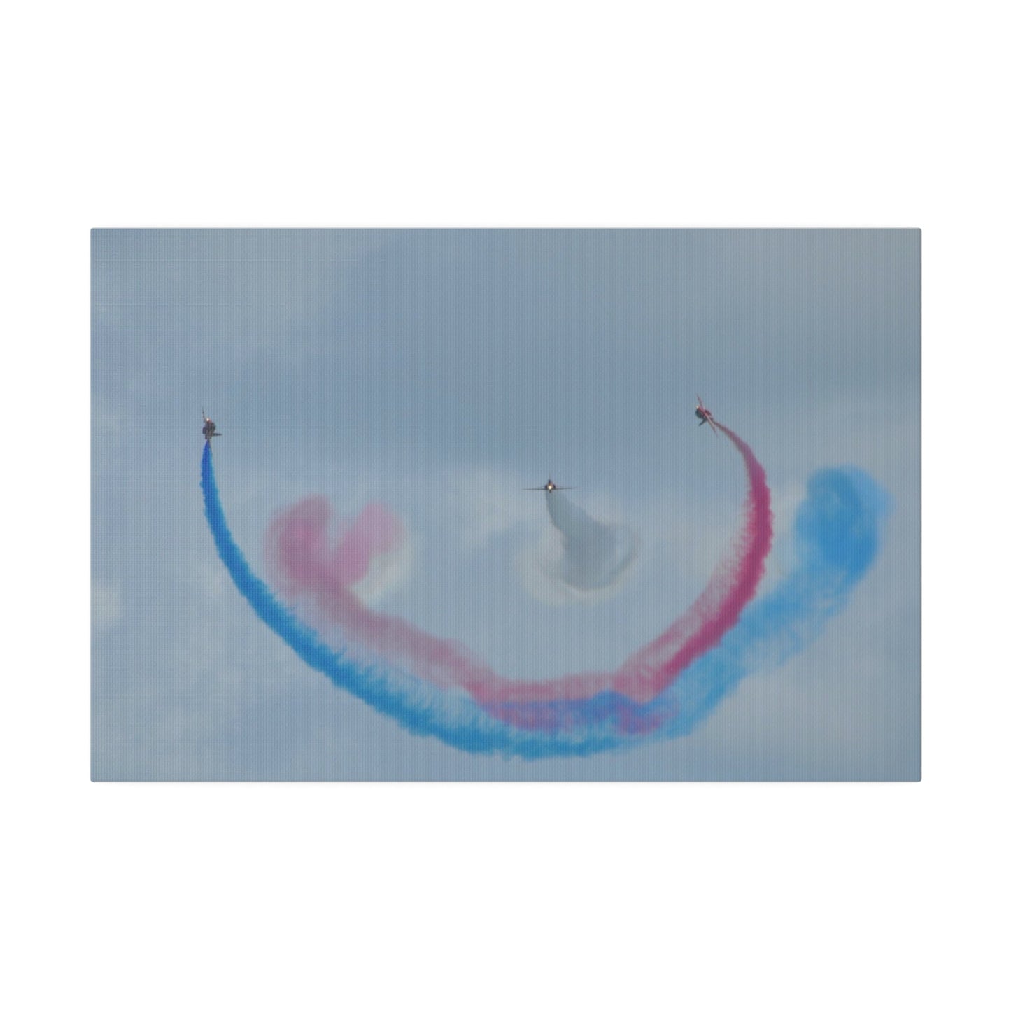 Three Red Arrows Flying Straight Forward One In The Middle With White Smoked, The Other Two Looping Around With Blue And Red Smoke, Matte Canvas, Stretched, 0.75" - The Trio Synergize Group