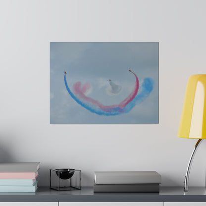 Three Red Arrows Flying Straight Forward One In The Middle With White Smoked, The Other Two Looping Around With Blue And Red Smoke, Matte Canvas, Stretched, 0.75" - The Trio Synergize Group